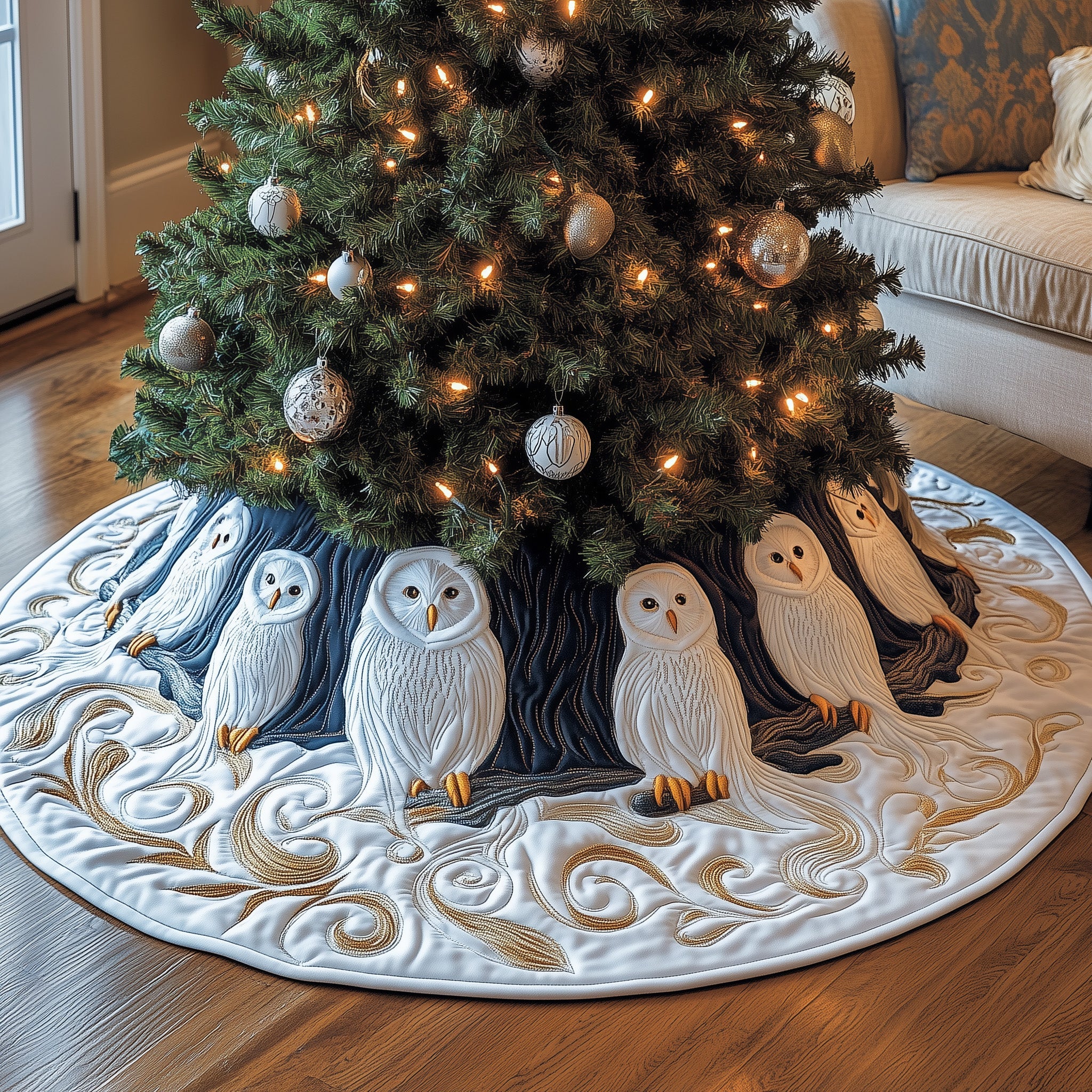 Snowy Owl Quilted Tree Skirt Festive Living Room Merch