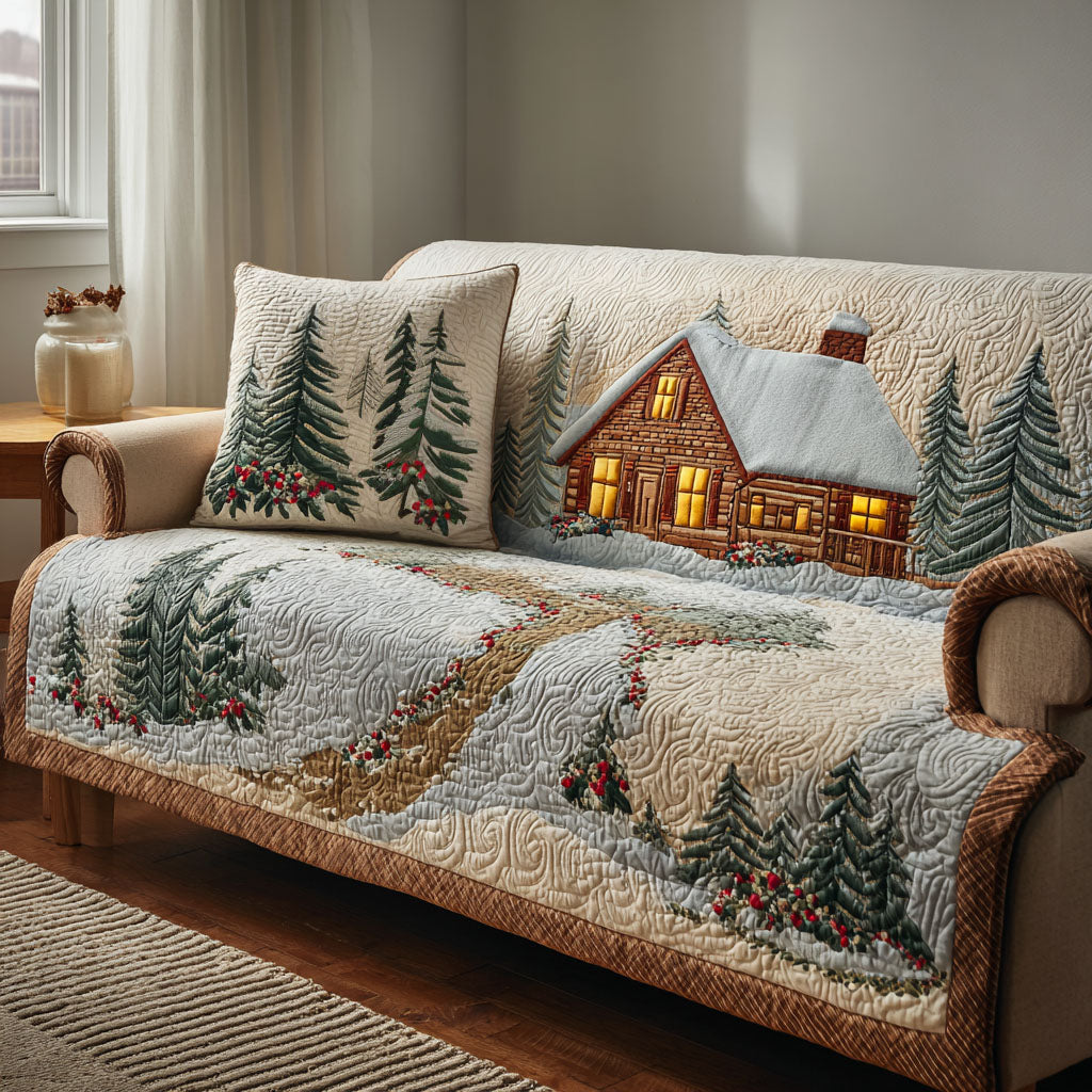 Snowy Path Cabin Quilted Sofa Cover Living Room Winter Decor Gifts For Friends