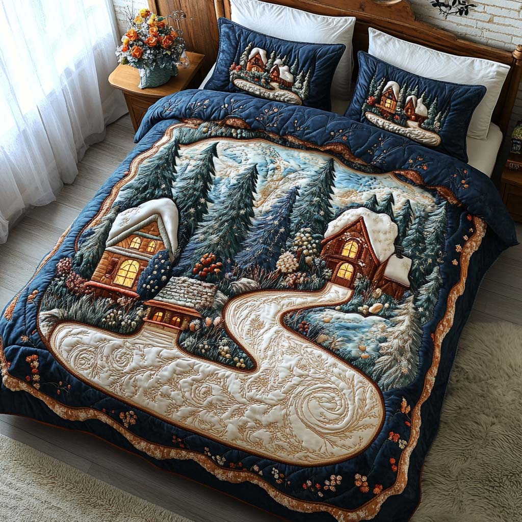 Snowy Path Quilted Bedding Set Best Christmas Duvet Cover Set Best Family Xmas Gifts
