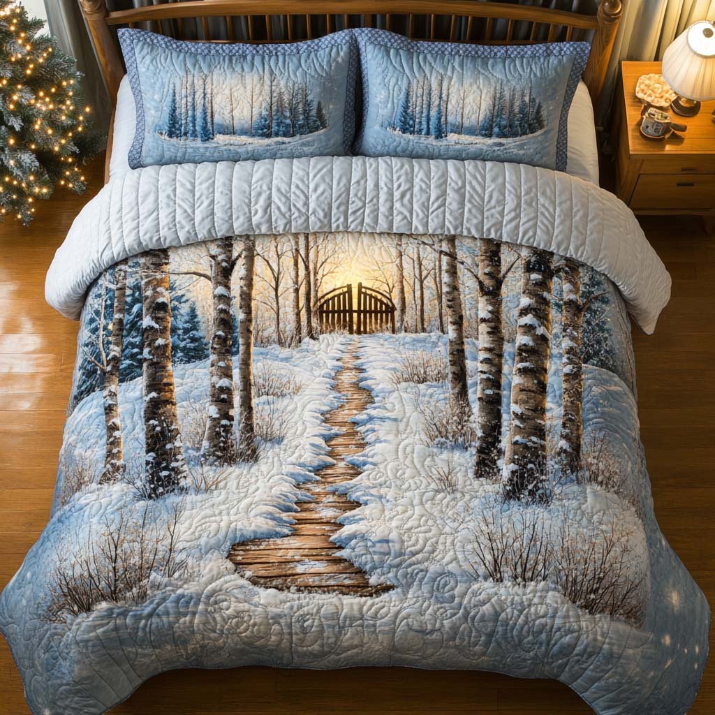 Snowy Path Quilted Bedding Set Xmas Duvet Cover Set Best Family Presents For Christmas