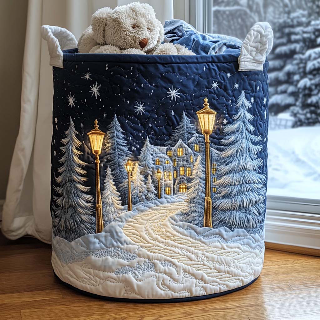 Snowy Path Quilted Laundry Basket Winter Merch Essentials