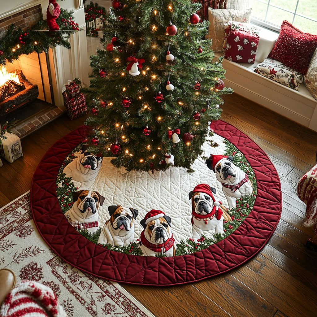 Snowy Paws Bulldog Quilted Christmas Tree Skirt Cover For Xmas Tree Base Bulldog Themed Gifts