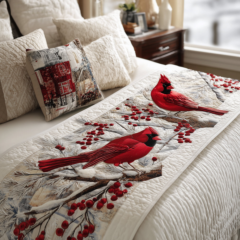 Snowy Perch Delight Quilted Bed Runner Bed Christmas Decor Cardinal Themed Gifts