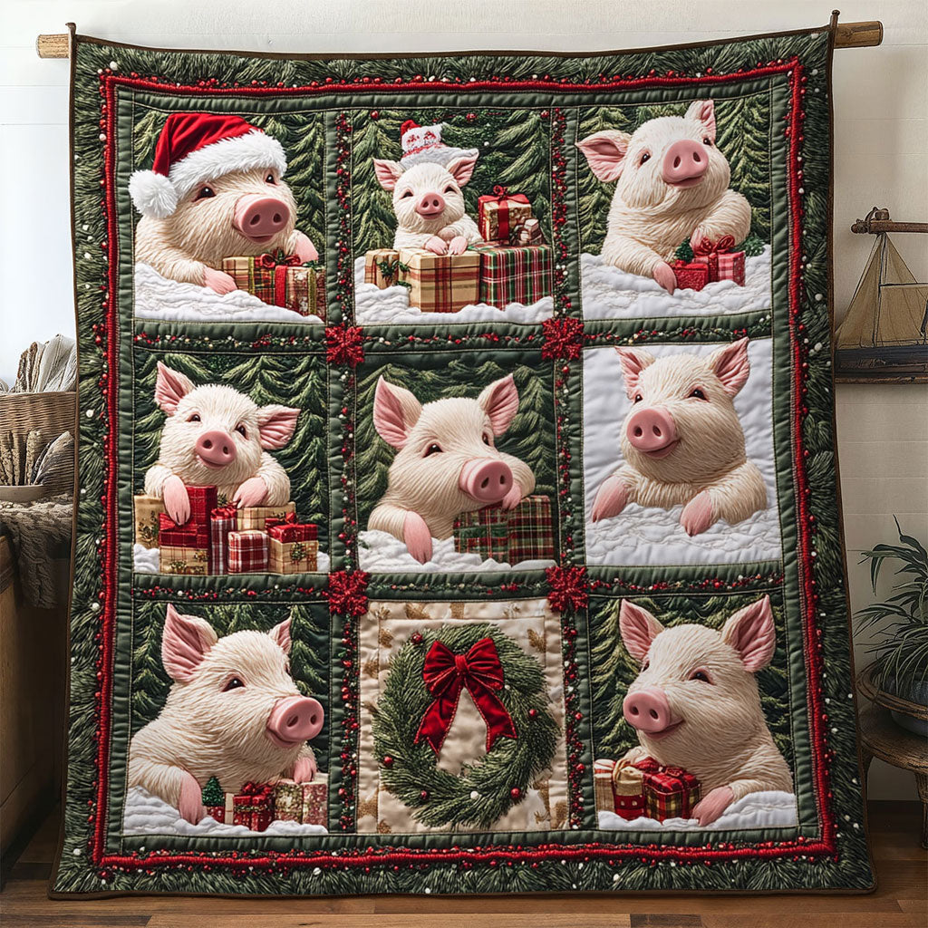 Snowy Pig Quilt Unique Holiday Gift Idea with Quilt Blanket