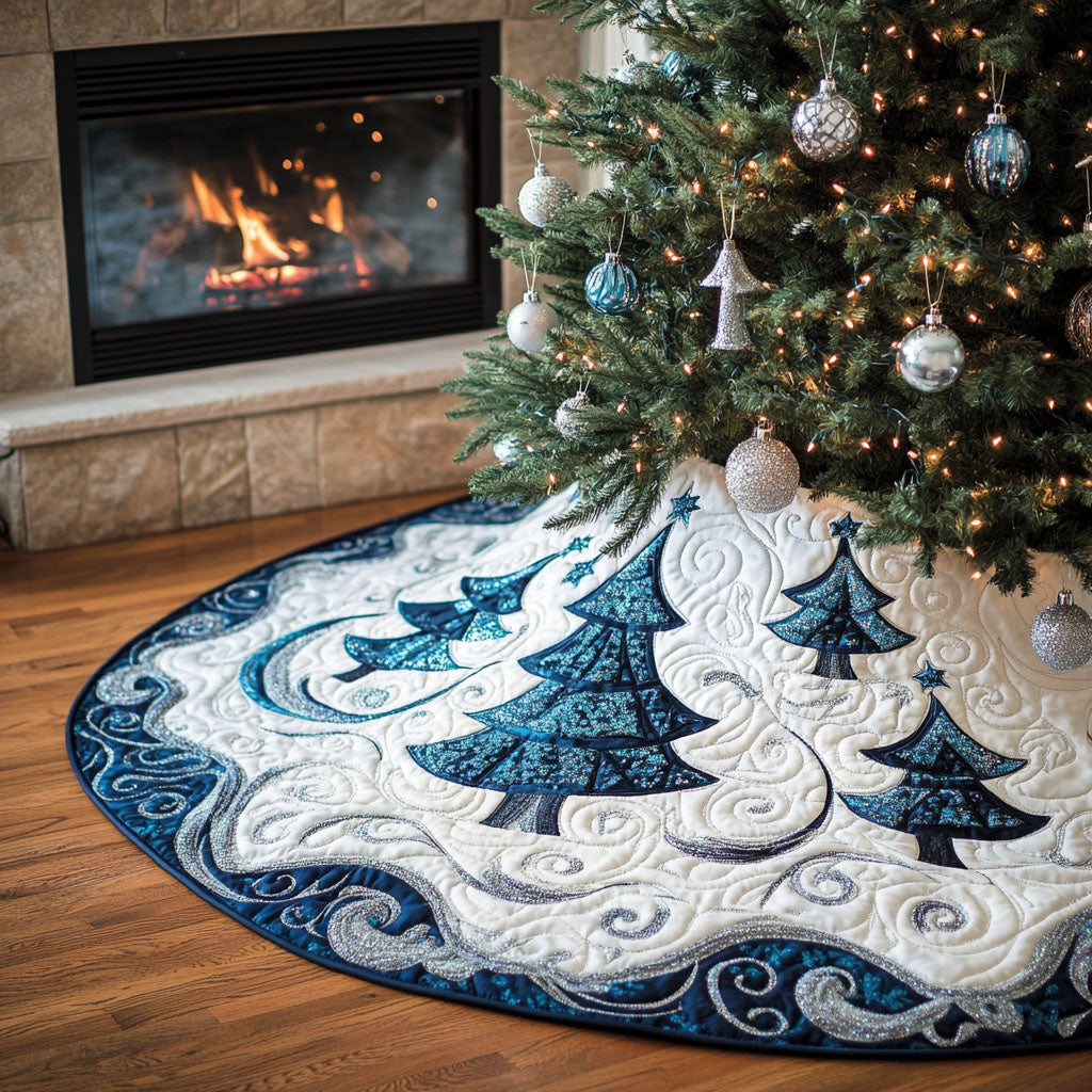 Snowy Pine Delight Quilted Christmas Tree Skirt Custom Christmas Tree Skirt Merch for Your Family