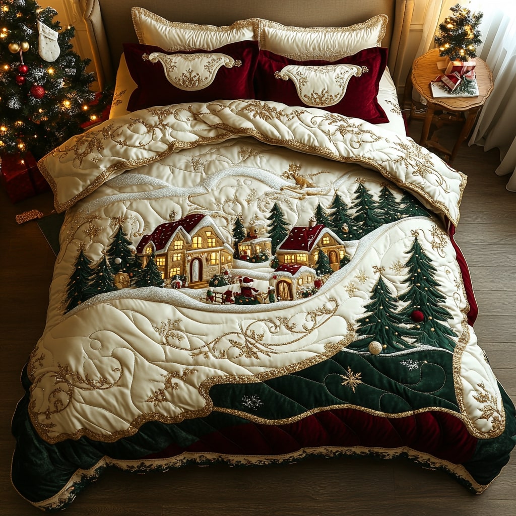 Snowy Pine Dreams Quilted Bedding Set King Size Quilt Winter Gift For Mom