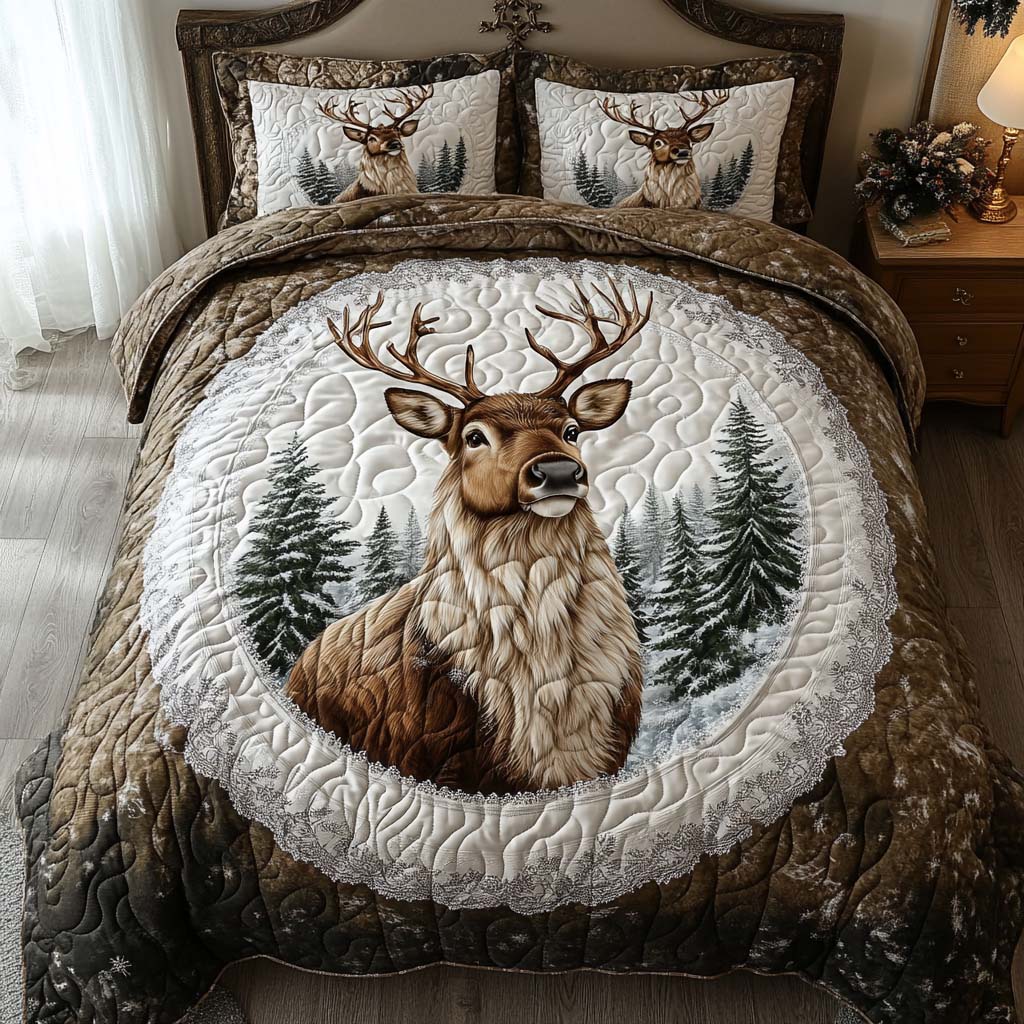 Snowy Pines Protector Quilted Bedding Set Christmas Bedding Duvet Cover Gifts For Deer Lovers