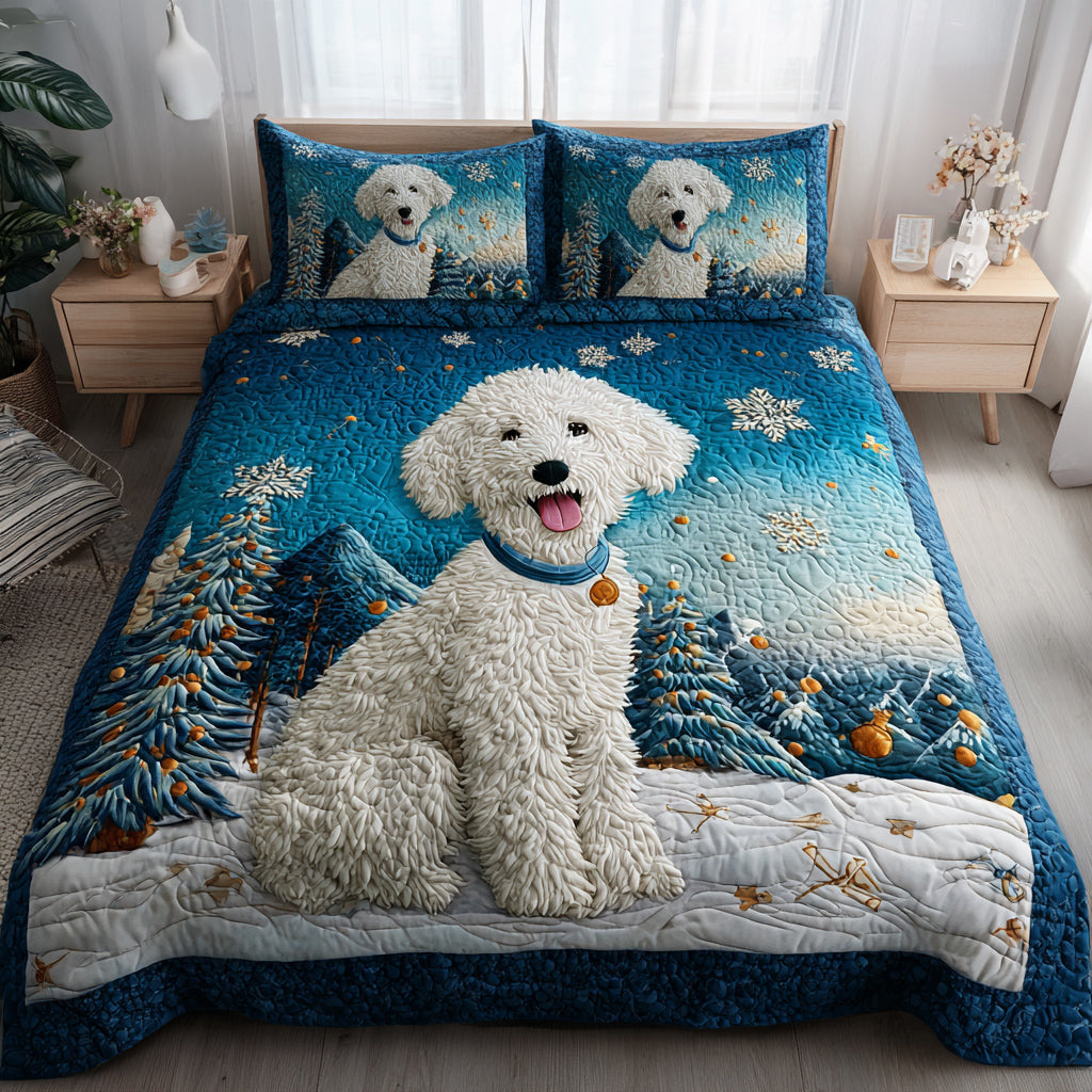 Snowy Poodle Quilted Bedding Set Holiday Season Duvet Cover Set Poodle Gifts For Dog Lovers