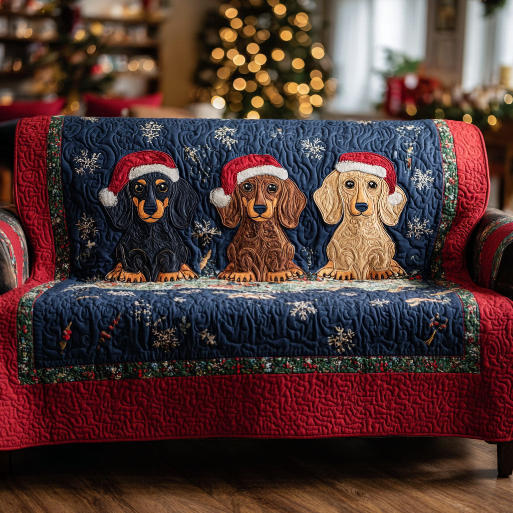 Snowy Pup Wonders Quilted Sofa Cover Winter Living Room Decor Sausage Dog Themed Gifts