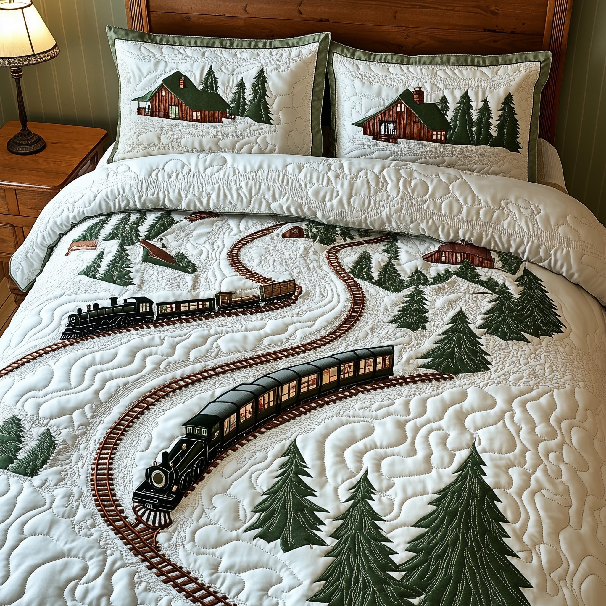 Snowy Railway Escape Quilted Bedding Set Duvet Cover Merchandise Train Presents