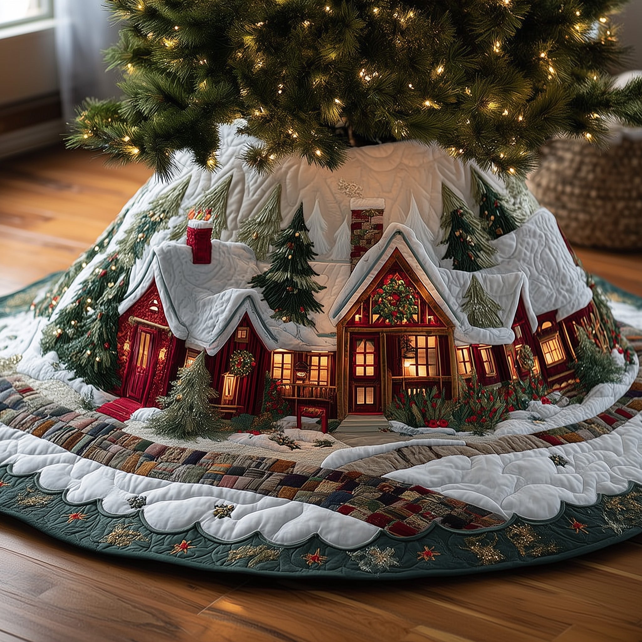 Snowy Retreat Quilted Tree Skirt Elegant Christmas Tree Decor Merch
