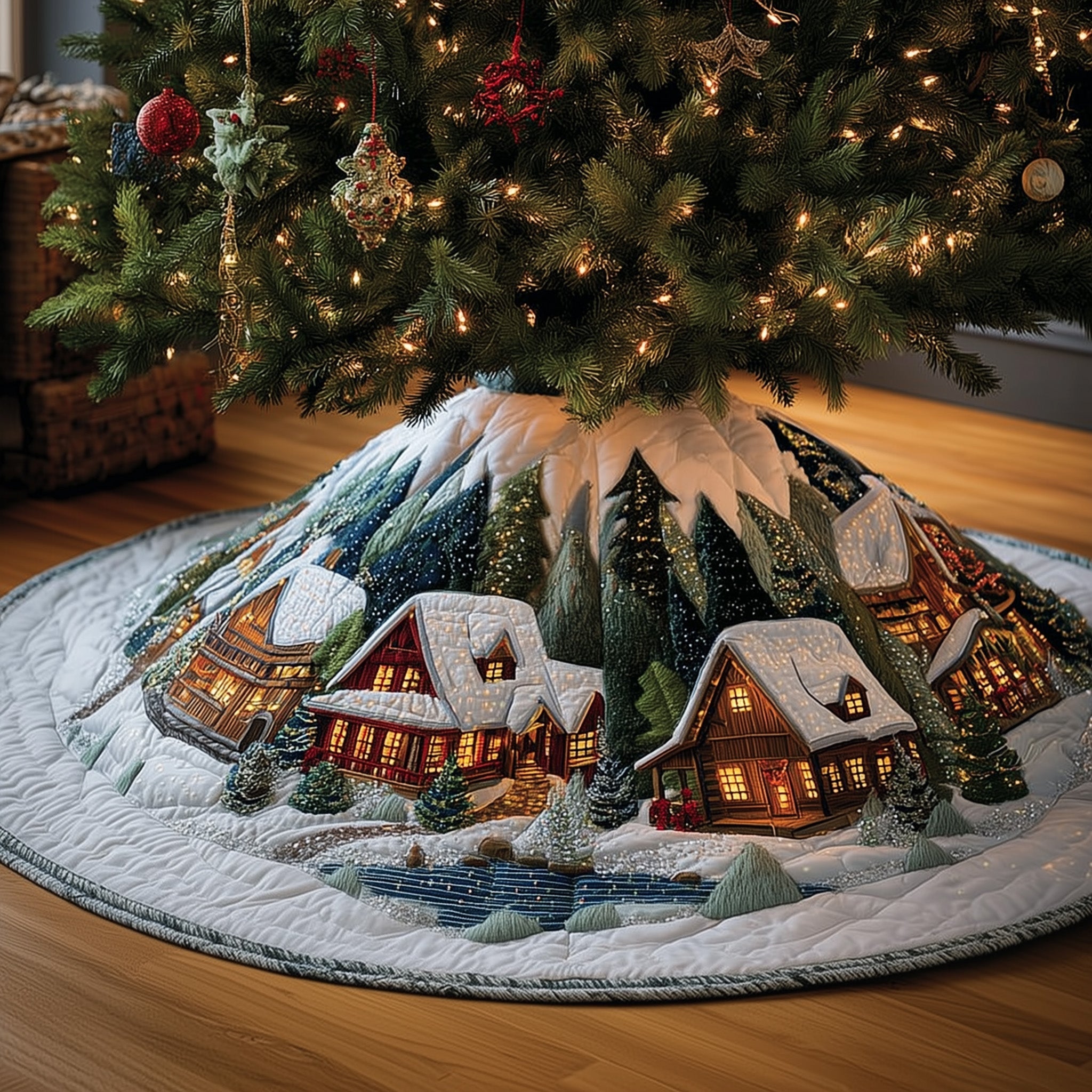 Snowy Retreat Quilted Tree Skirt Magical Christmas Spirit Merch