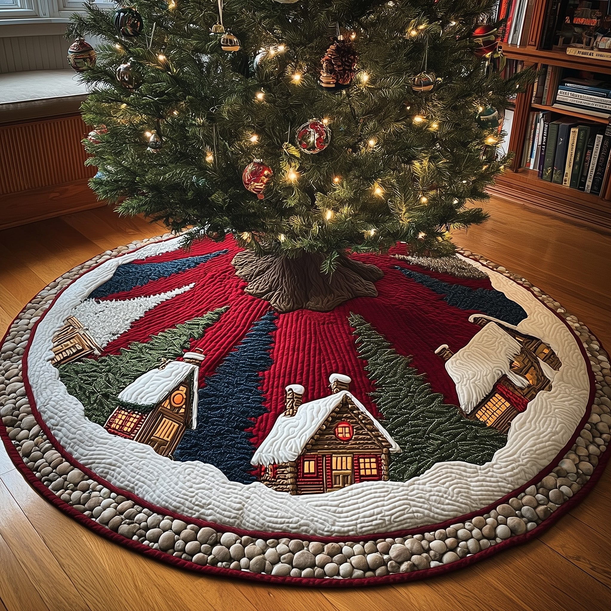 Snowy Retreat Quilted Tree Skirt Stylish Holiday Decor Gift Merch