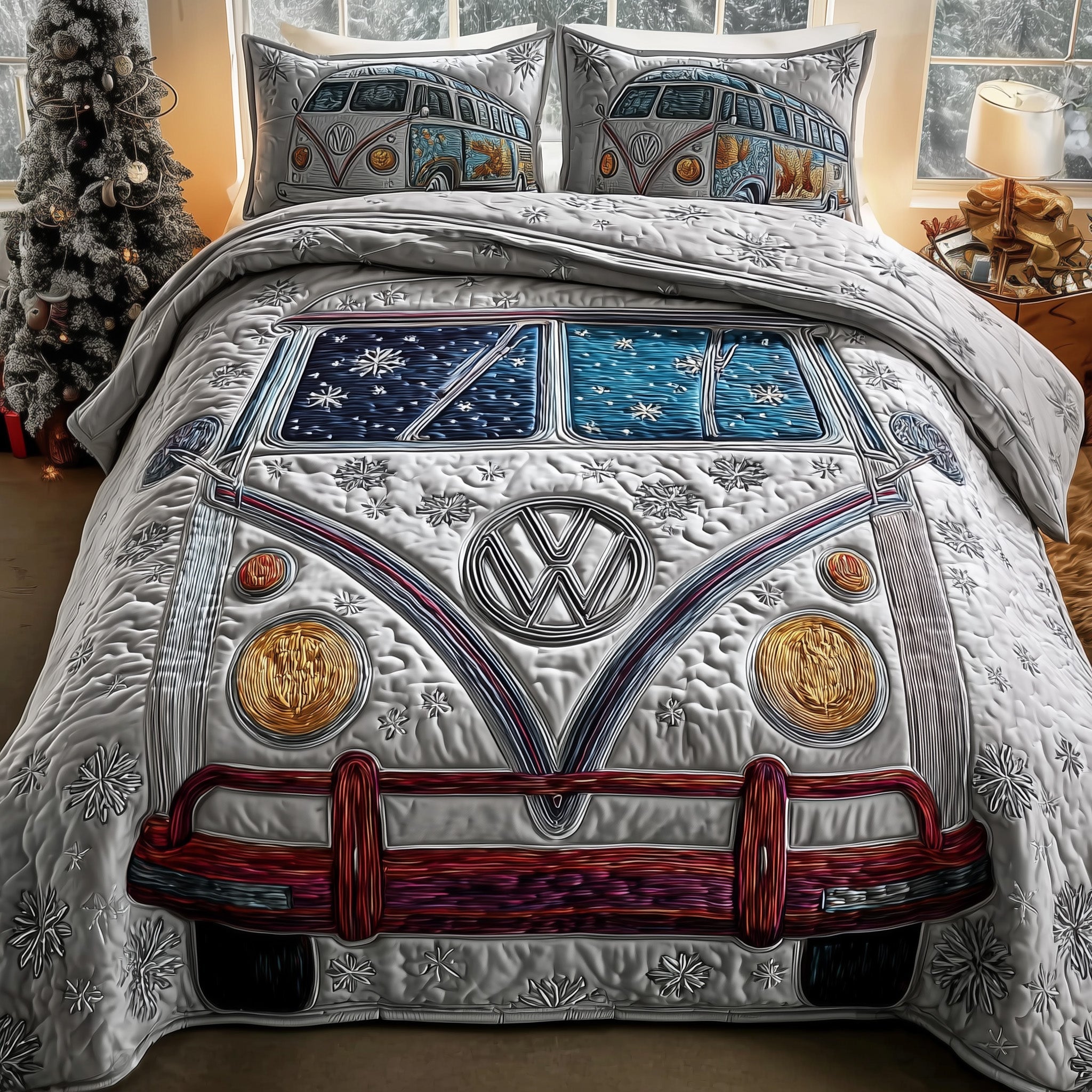 Snowy Road Quilted Bedding Set Christmas Hippie Van Festival Bedding Decor Gifts