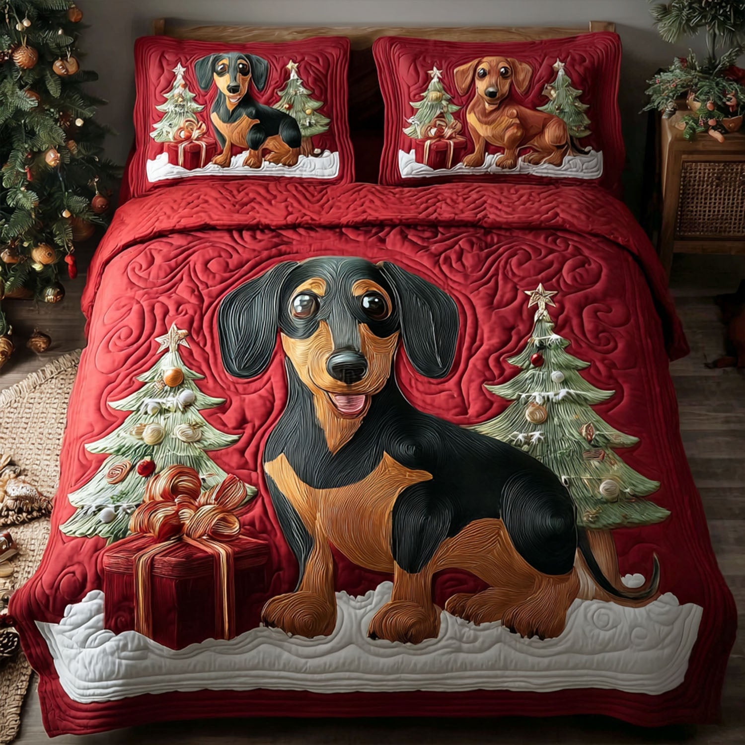 Snowy Sausage Dog Quilted Bedding Set Warm and Breathable Bedding Set for All Seasons