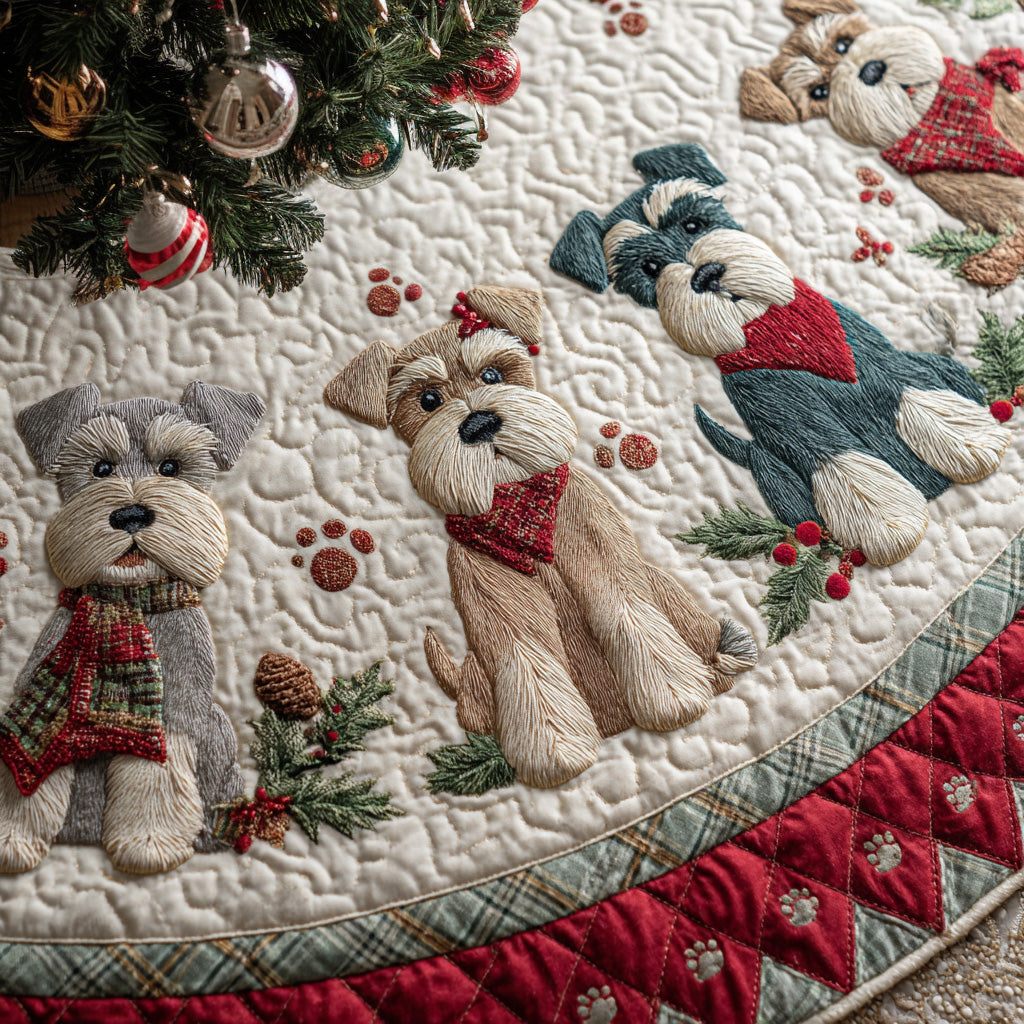 Snowy Schnauzer Quilted Christmas Tree Skirt Holiday Decor Cute Dog Owner Gift Ideas