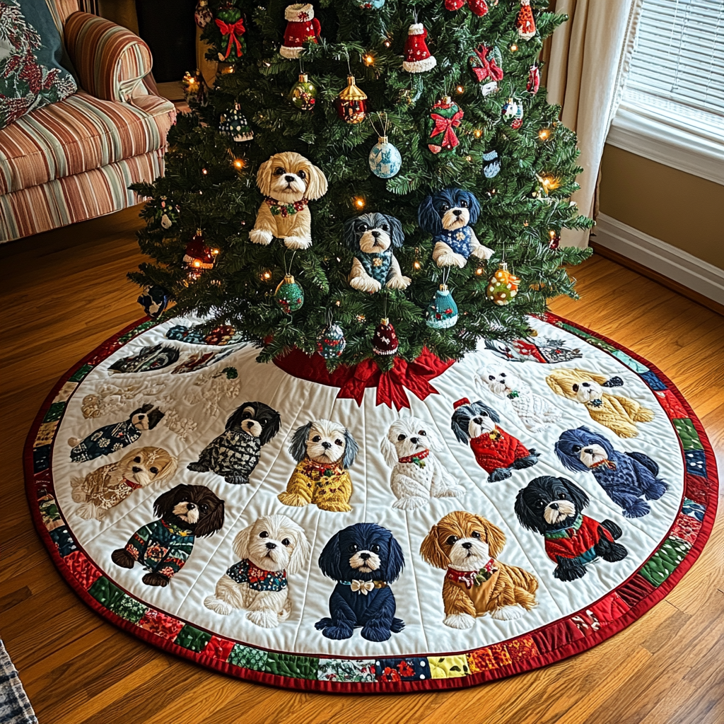 Snowy Shih Tzu Dreams Christmas Quilted Tree Skirt Special Holiday Tree Skirt Gift for Newlyweds