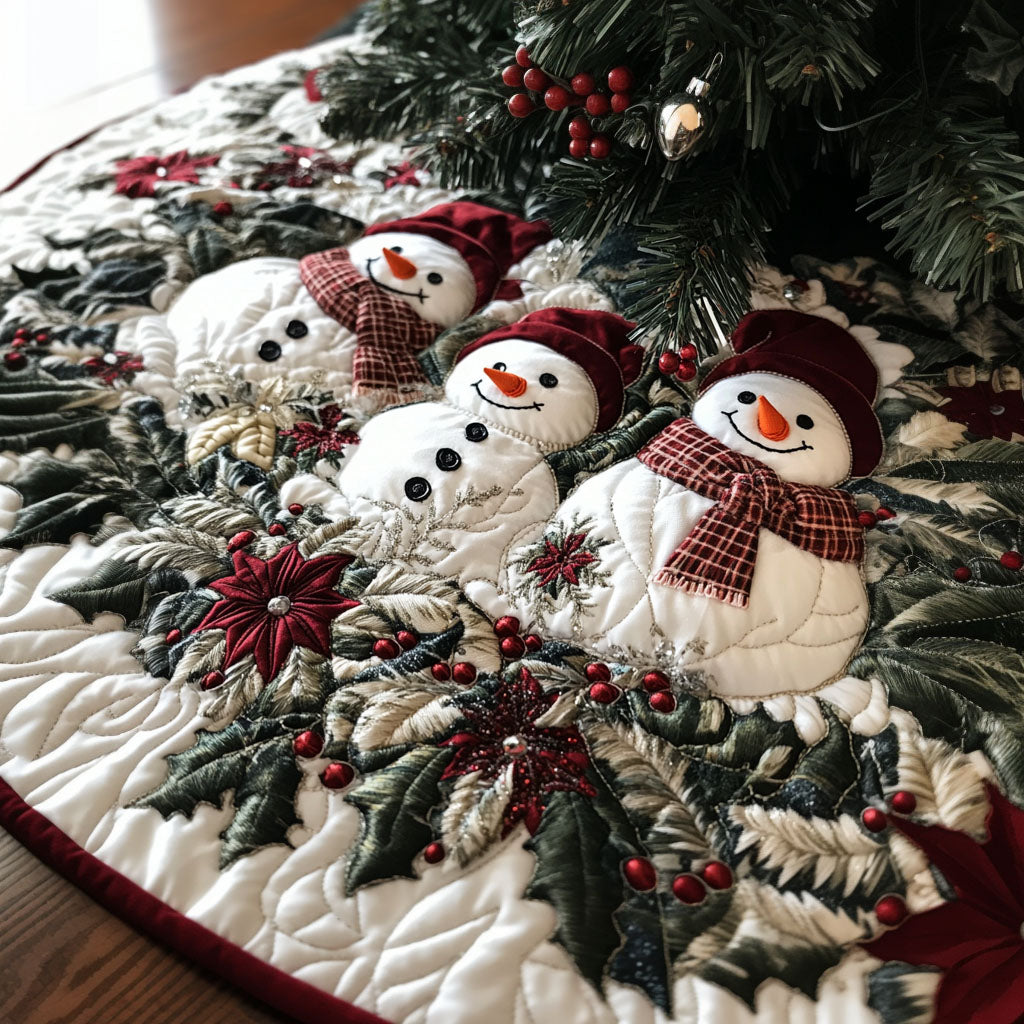 Snowy Smiles Quilted Christmas Tree Skirt Family Holiday Gathering Decor