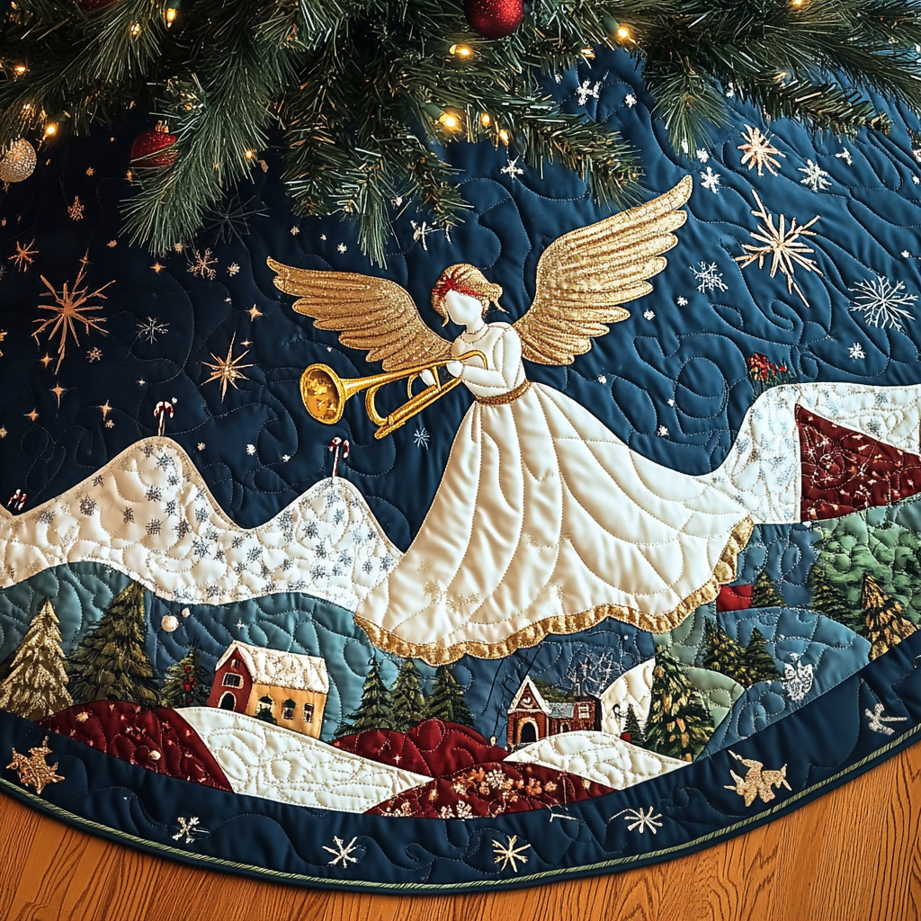 Snowy Song Christmas Quilted Tree Skirt Classic Red and White Tree Skirt for Traditional Decor