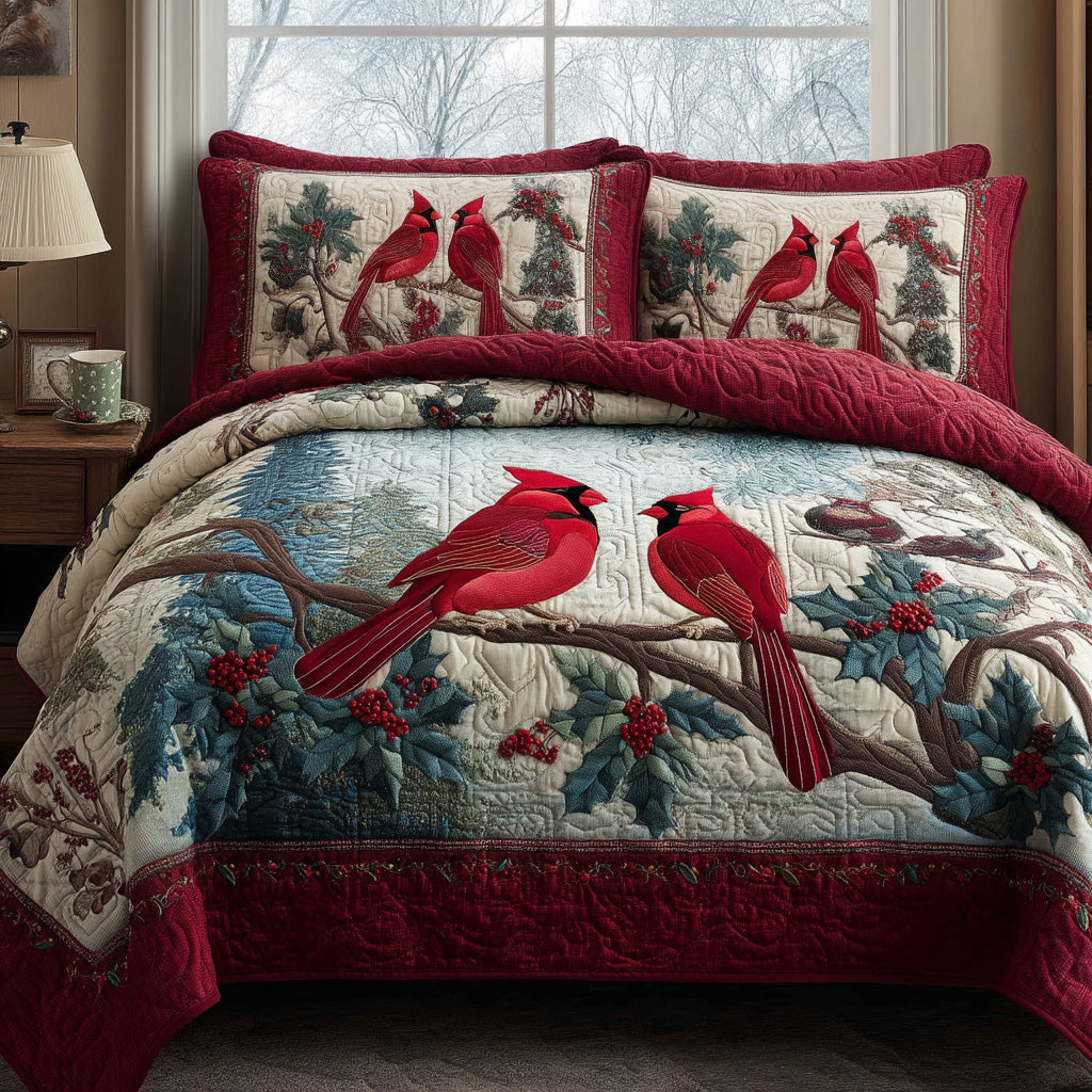 Snowy Songbirds Quilted Bedding Set Best Bed Sheet Set Cardinal Bird Gifts