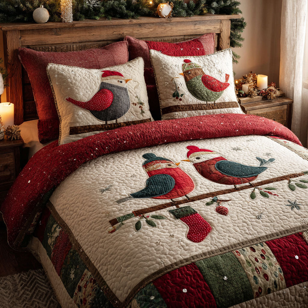 Snowy Songbirds Quilted Bedding Set Xmas Duvet Sets Christmas Presents For Mother In Law