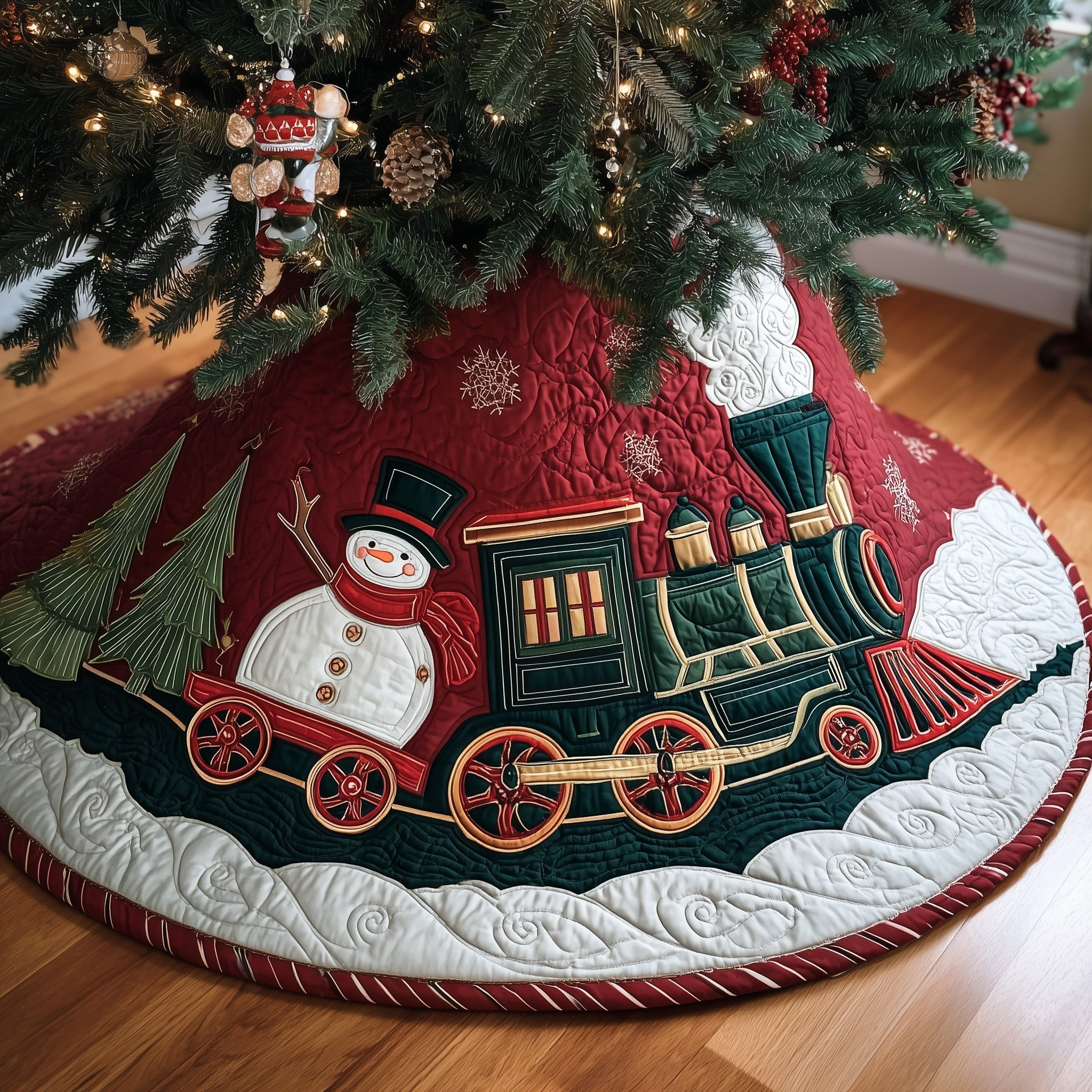 Snowy Spirit Quilted Tree Skirt Best Selling Home Decor Christmas Gift For Train Lover