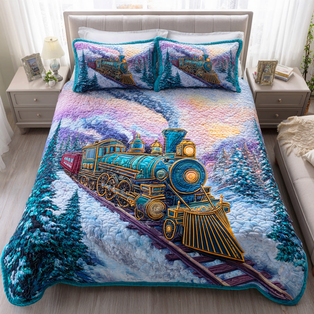 Snowy Steam Ride Quilted Bedding Set Queen Size Comforter Best Family Christmas Gifts