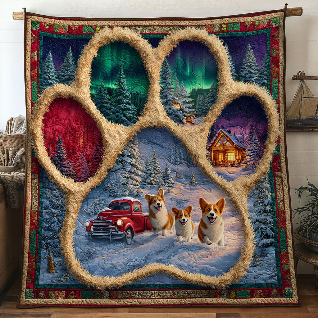 Snowy Trail Corgi Paw Quilt Blanket Christmas Throws Best Gifts For Corgi Lovers