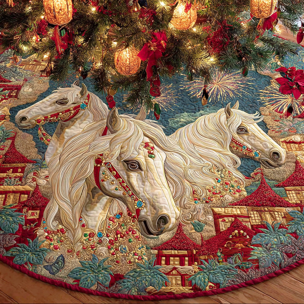 Snowy Trail Mare Christmas Quilted Tree Skirt Trendy Quilted Tree Skirt Gift for Modern Christmas