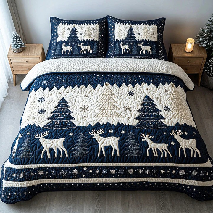 Snowy Tree 3-Piece Quilted Bedding Set Winter Christmas Holiday Bedspread Best Cozy Xmas Gift Ideas