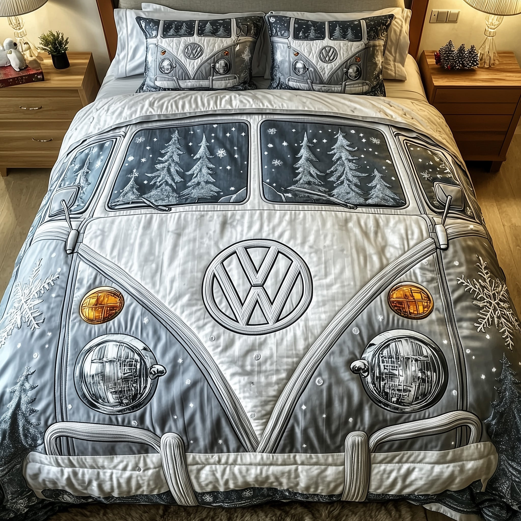 Snowy Van Quilted Bedding Set Christmas Driving Decor Gift Ideas Festival Bedding Gifts