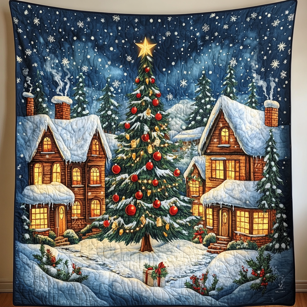 Snowy Village Cheer Quilted Blanket For Christmas Gifts