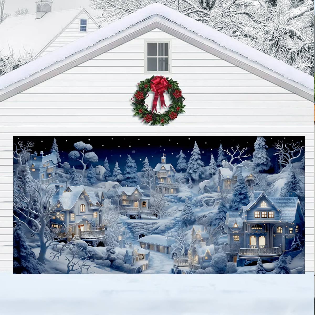 Snowy Village Glow Christmas Garage Door Banner Winter Decorations Best Gift For Christmas