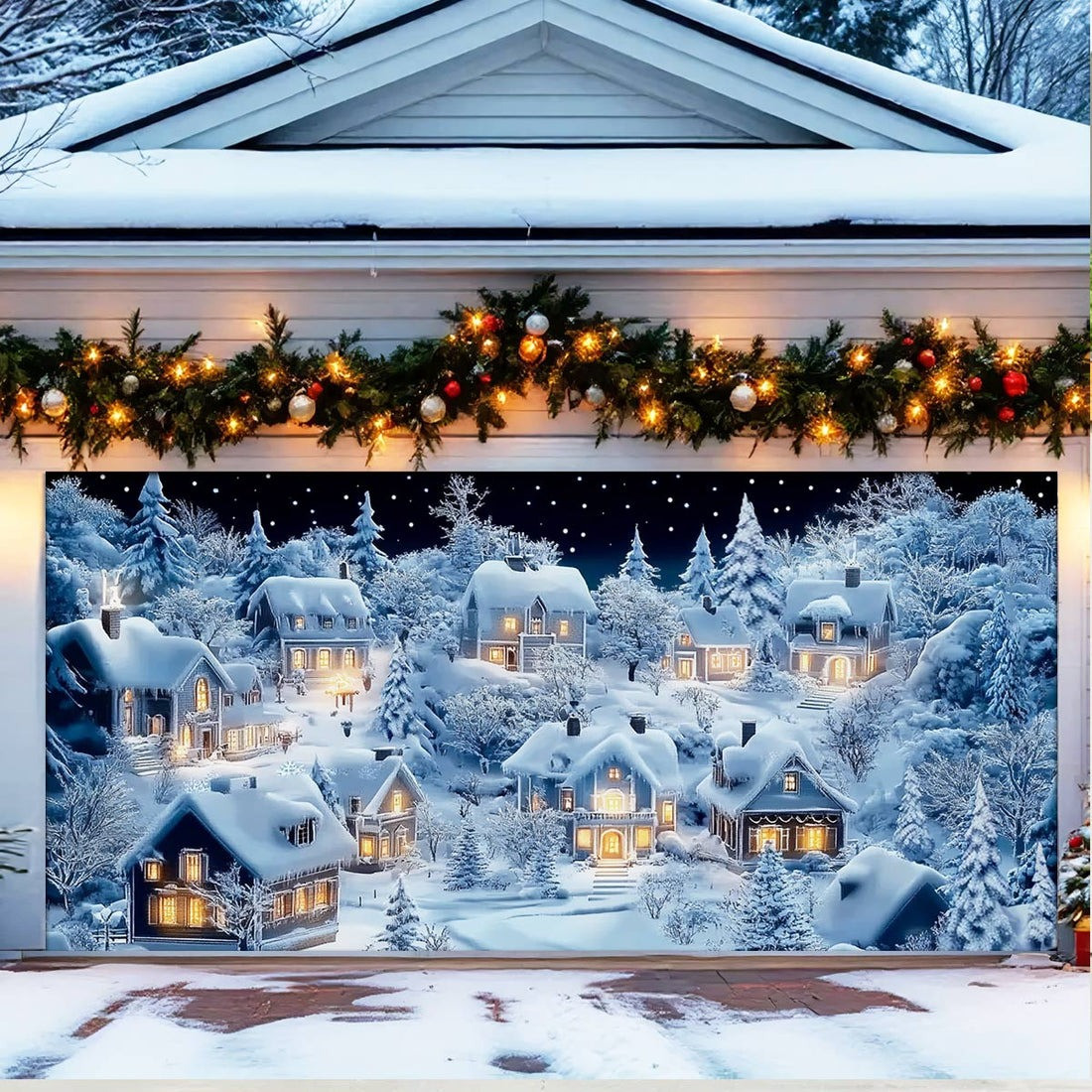 Snowy Village Glow Christmas Garage Door Cover Winter Night Town Magical Outdoor Decor Gifts