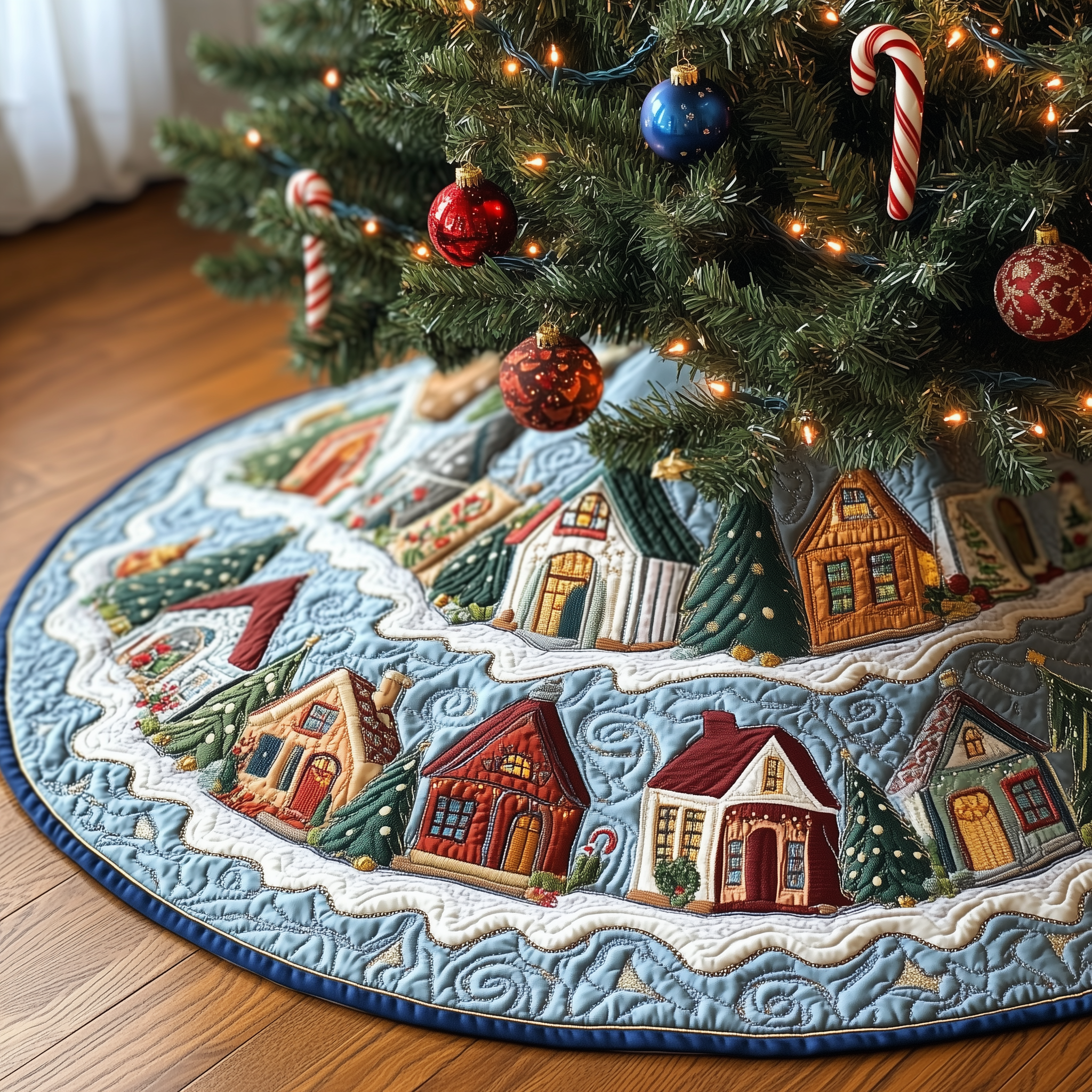 Snowy Village Modern Tree Skirt Quilted Handmade Holiday Gift for Classic Home Decoration