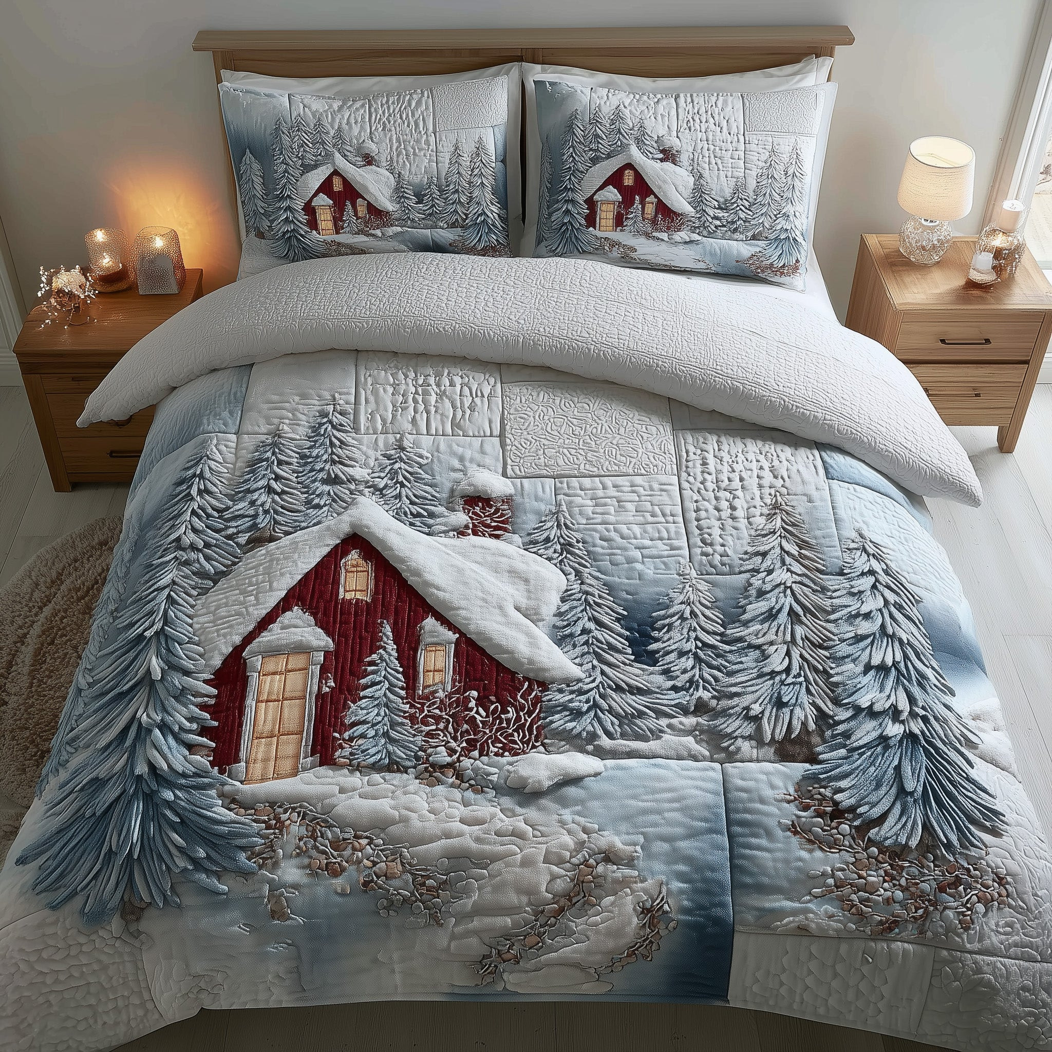 Snowy Village Quilted Bedding Set Bedroom Decor Christmas Holiday Gifts For Lovers