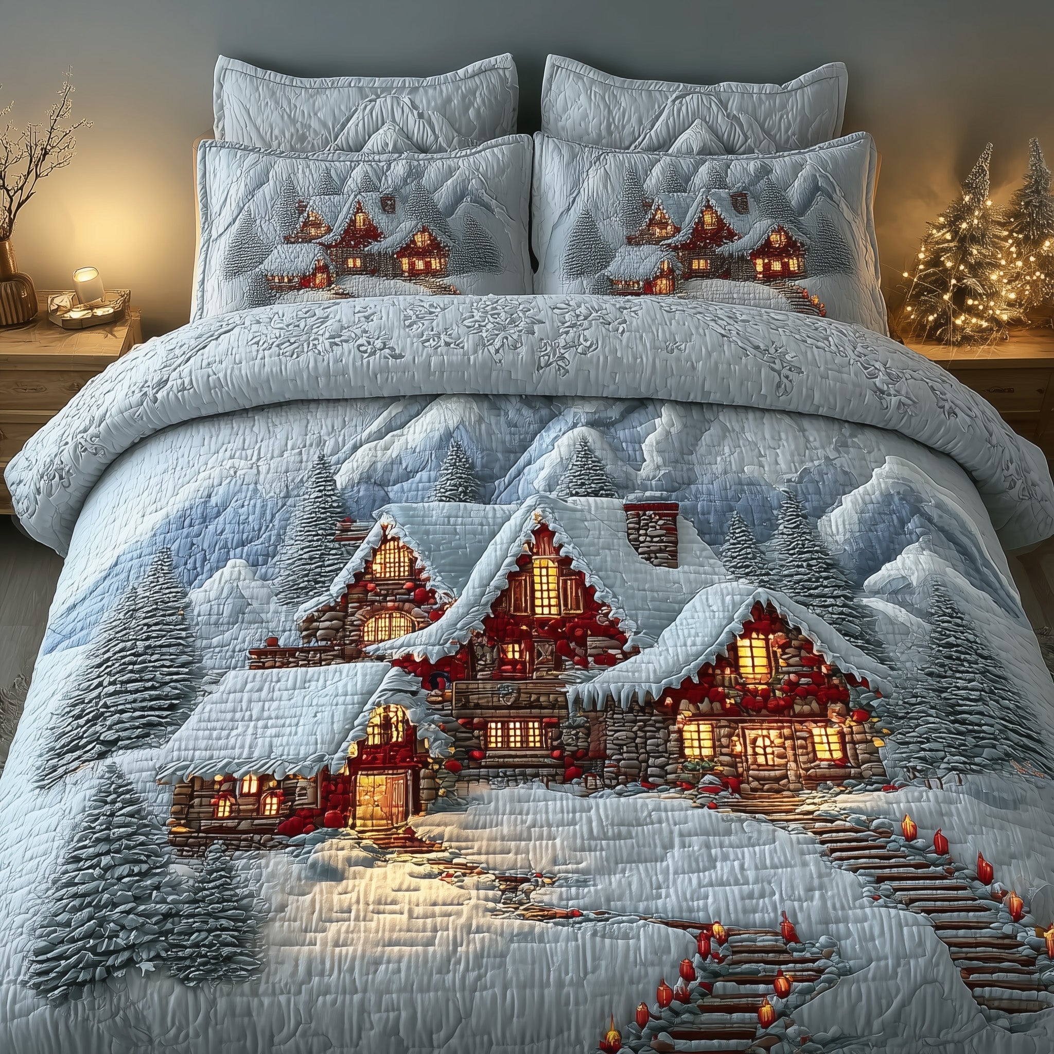 Snowy Village Quilted Bedding Set Durable & Long-lasting