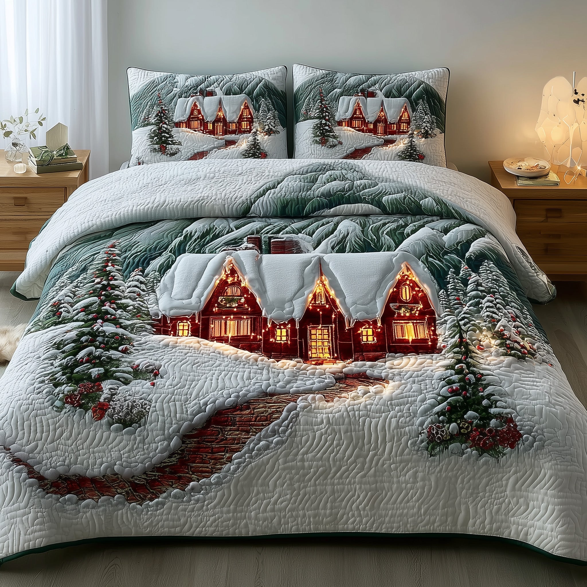 Snowy Village Quilted Bedding Set Elegant Bedding