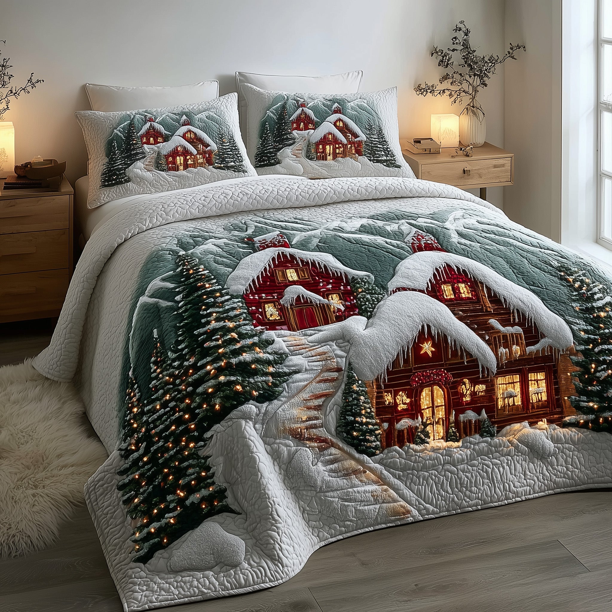 Snowy Village Quilted Bedding Set Floral Print