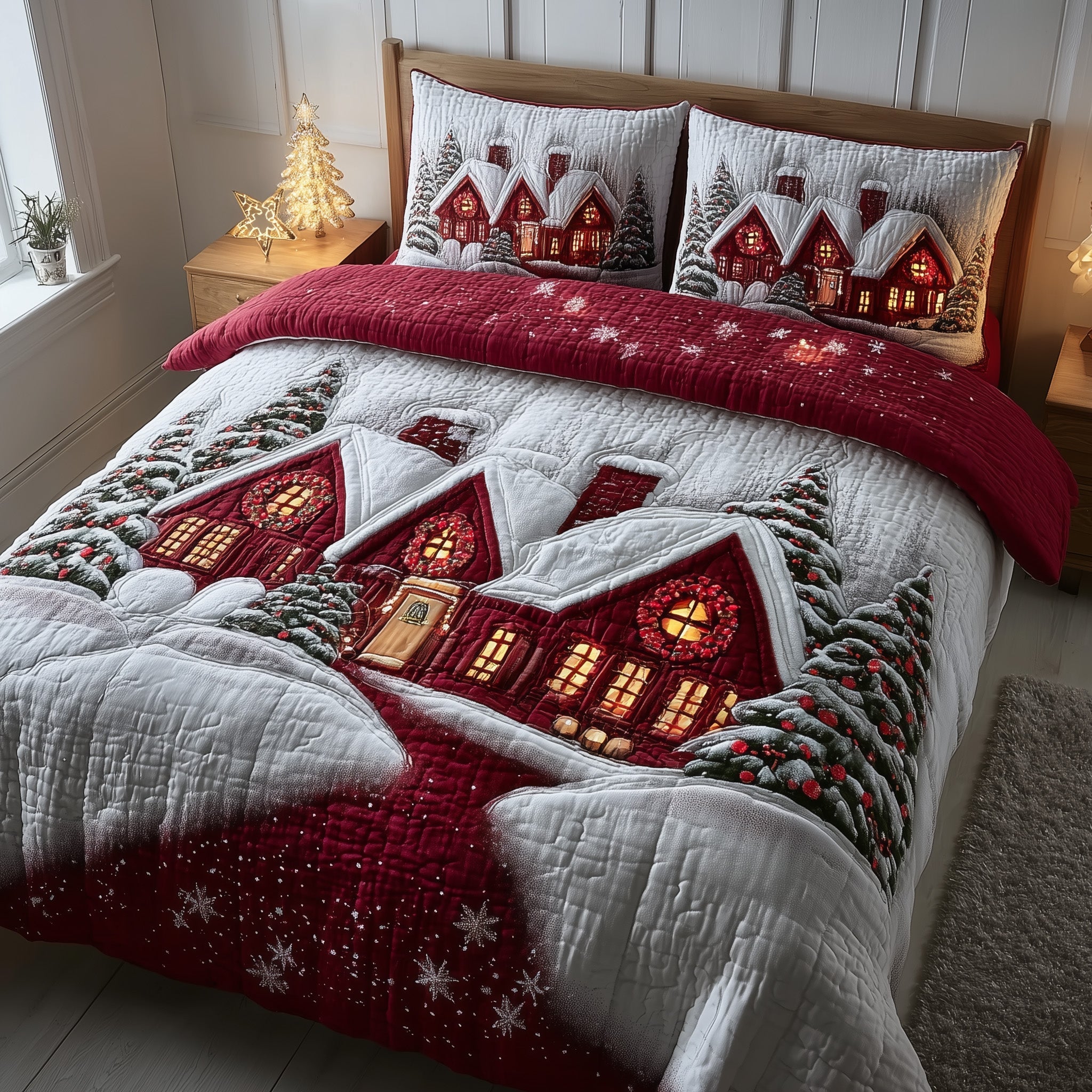 Snowy Village Quilted Bedding Set Geometrical Pattern