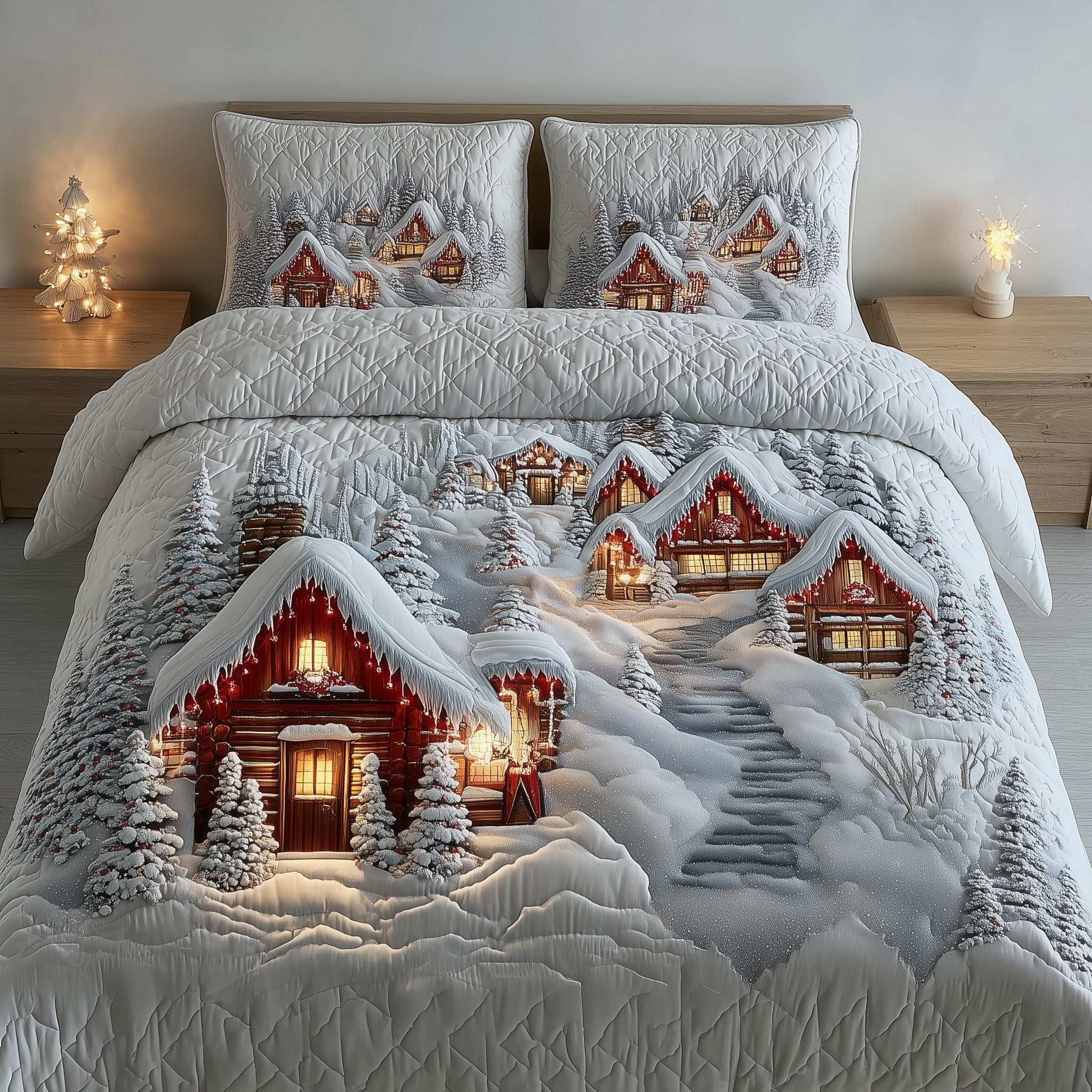 Snowy Village Quilted Bedding Set Solid Color