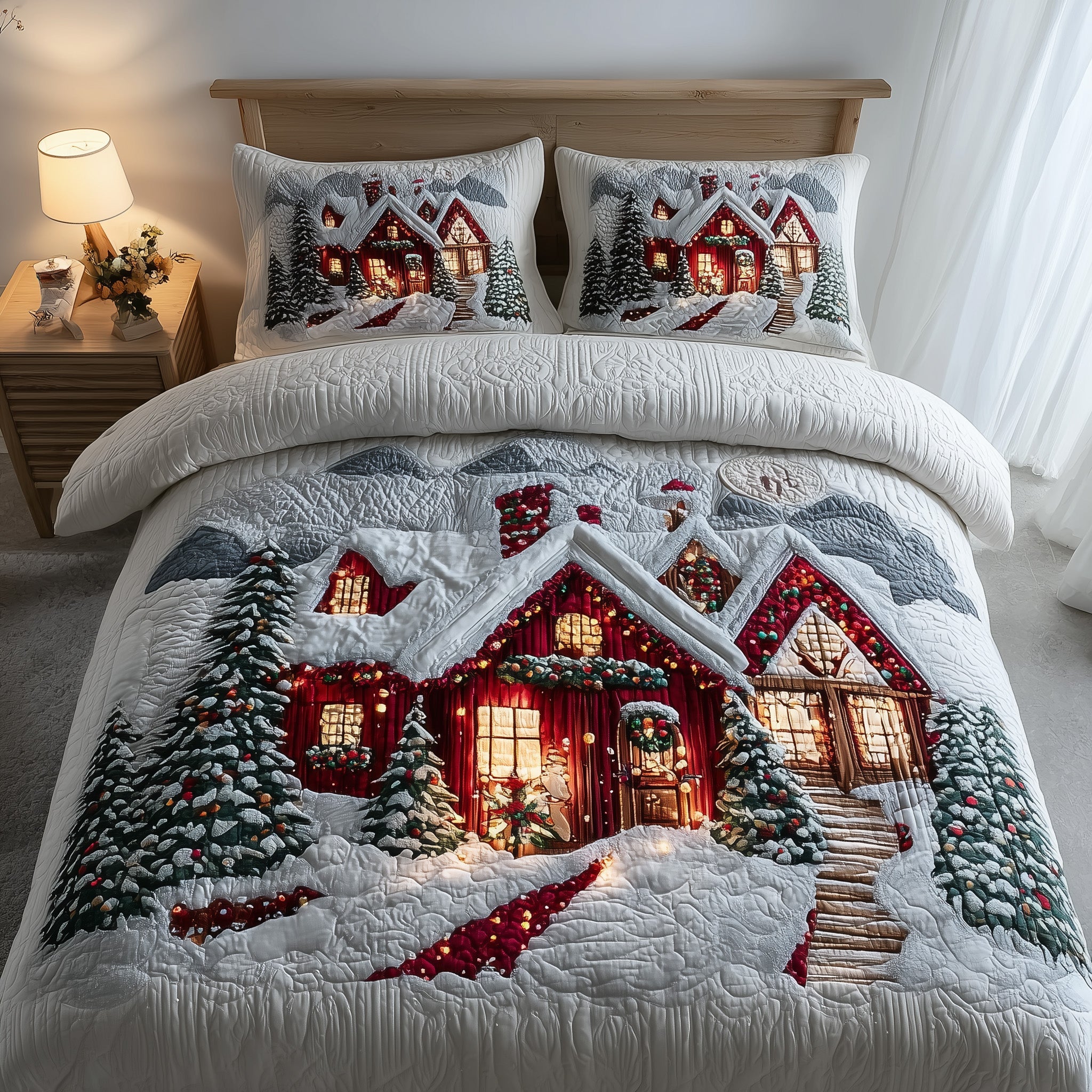 Snowy Village Quilted Bedding Set Striped Design