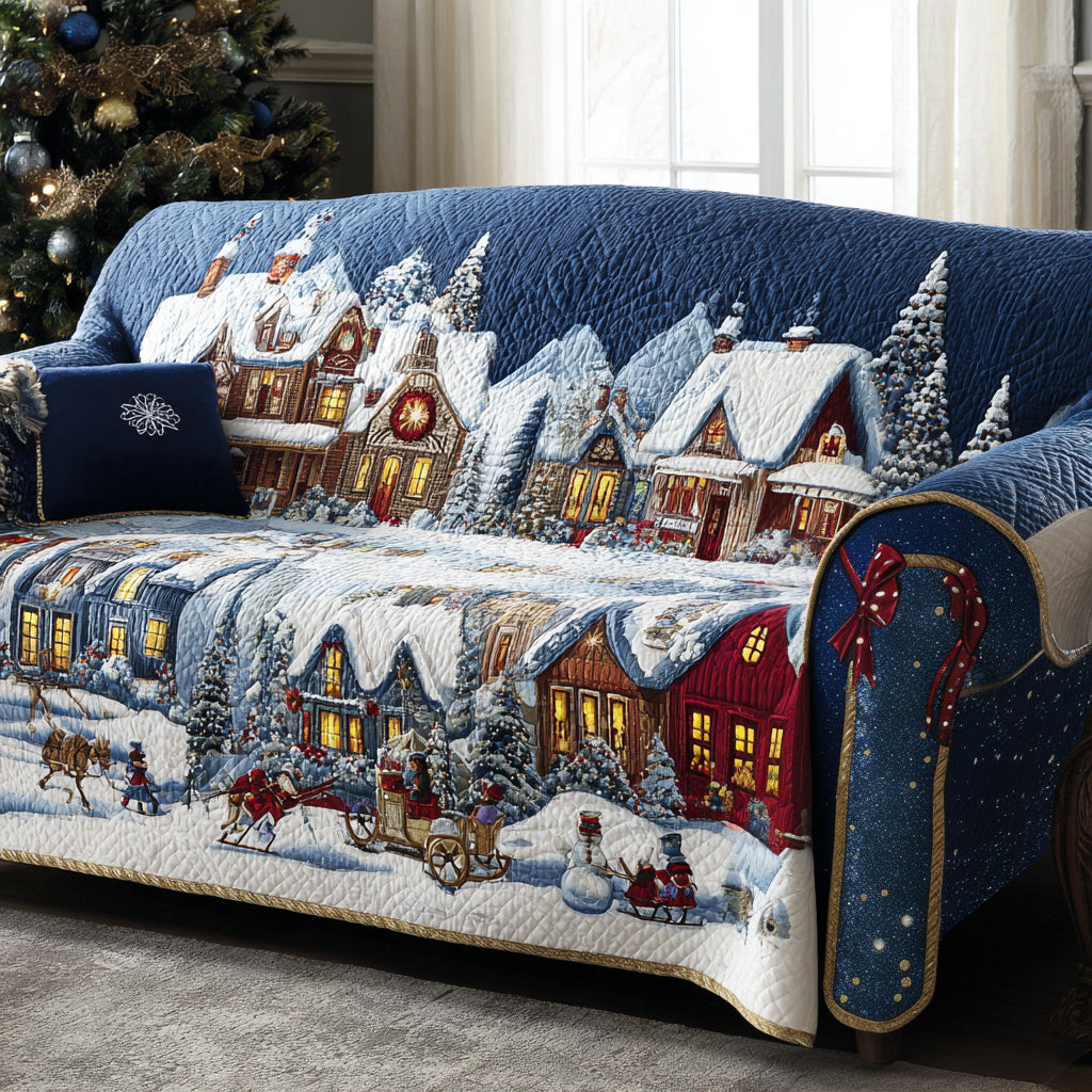 Snowy Village Quilted Sofa Cover Holiday Living Room Decor Christmas Gifts For Wife