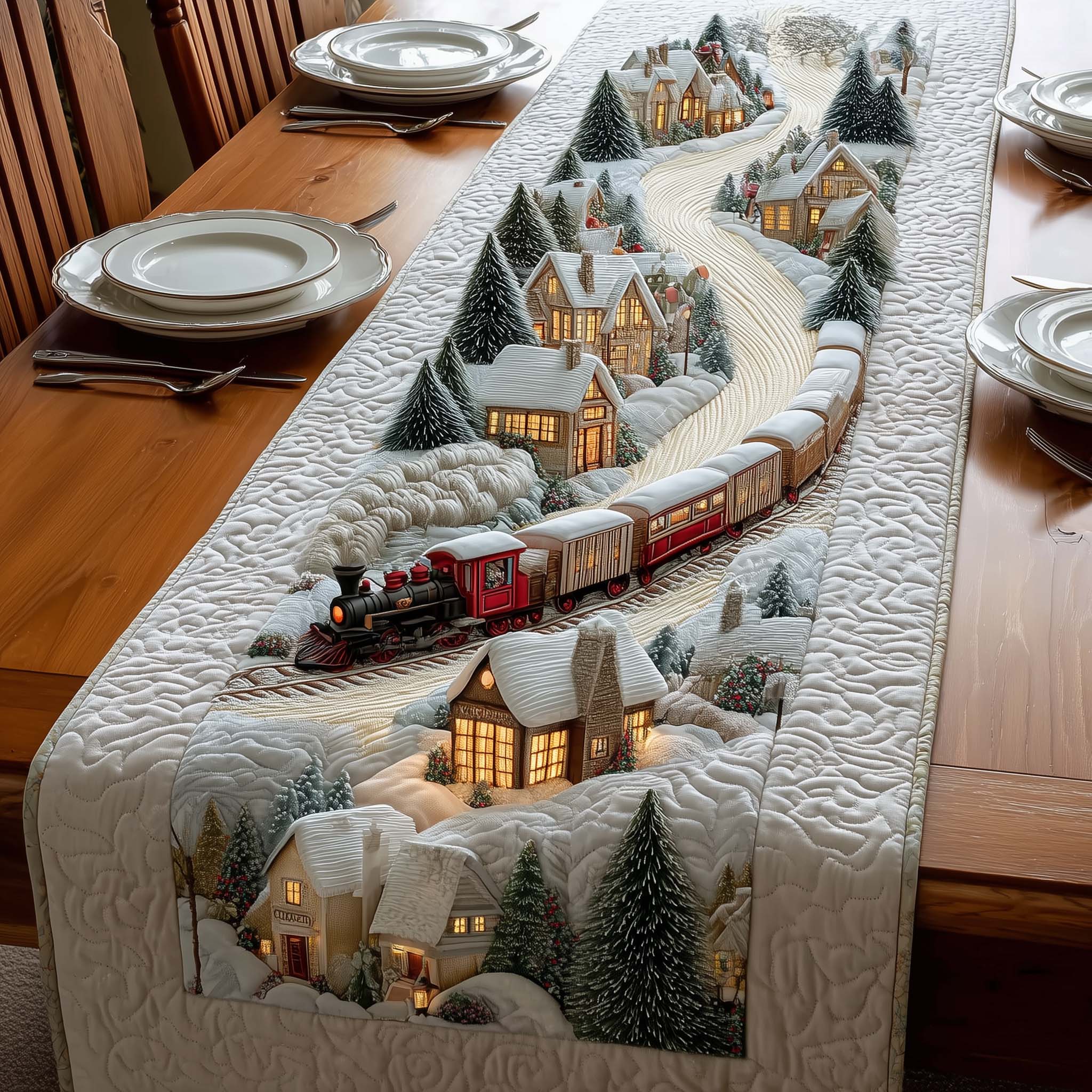 Snowy Village Quilted Table Runner Farmhouse Dining Room Decor Gift For Home