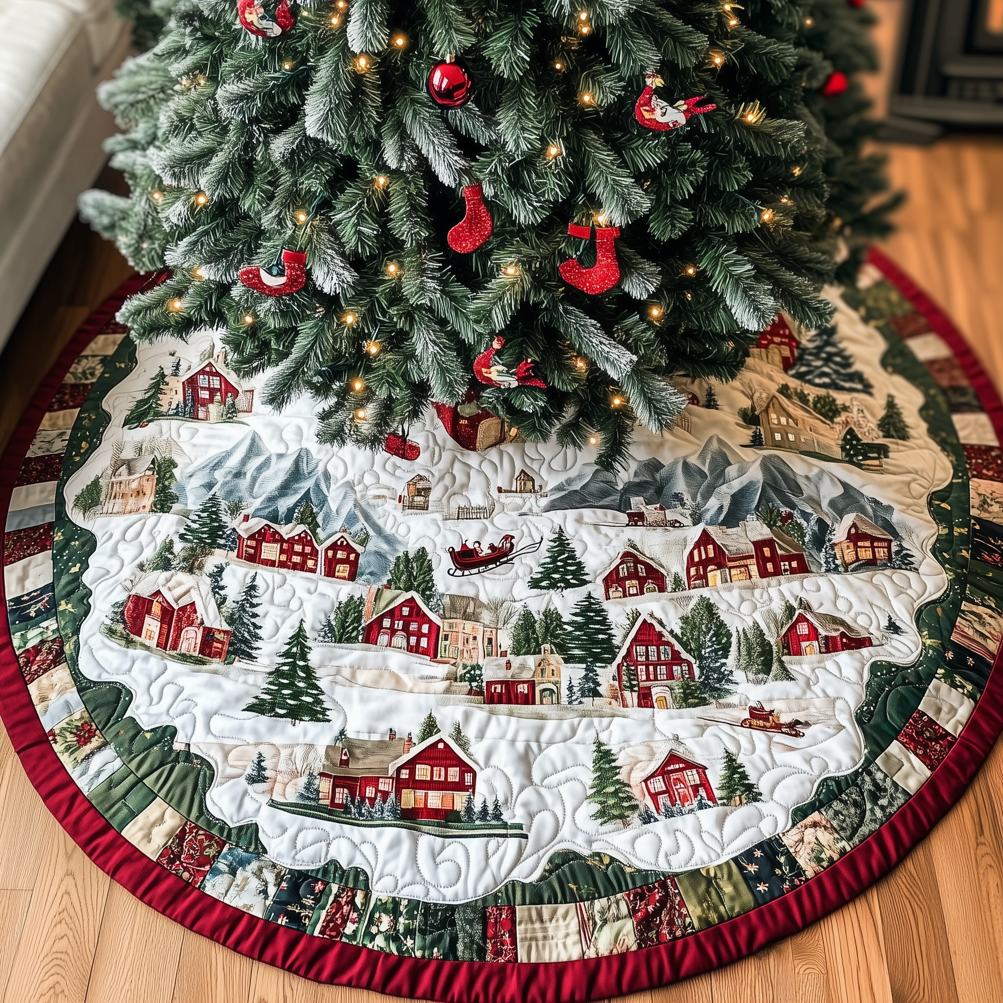 Snowy Village Quilted Tree Skirt Cozy Tree Skirt For Holiday Decor