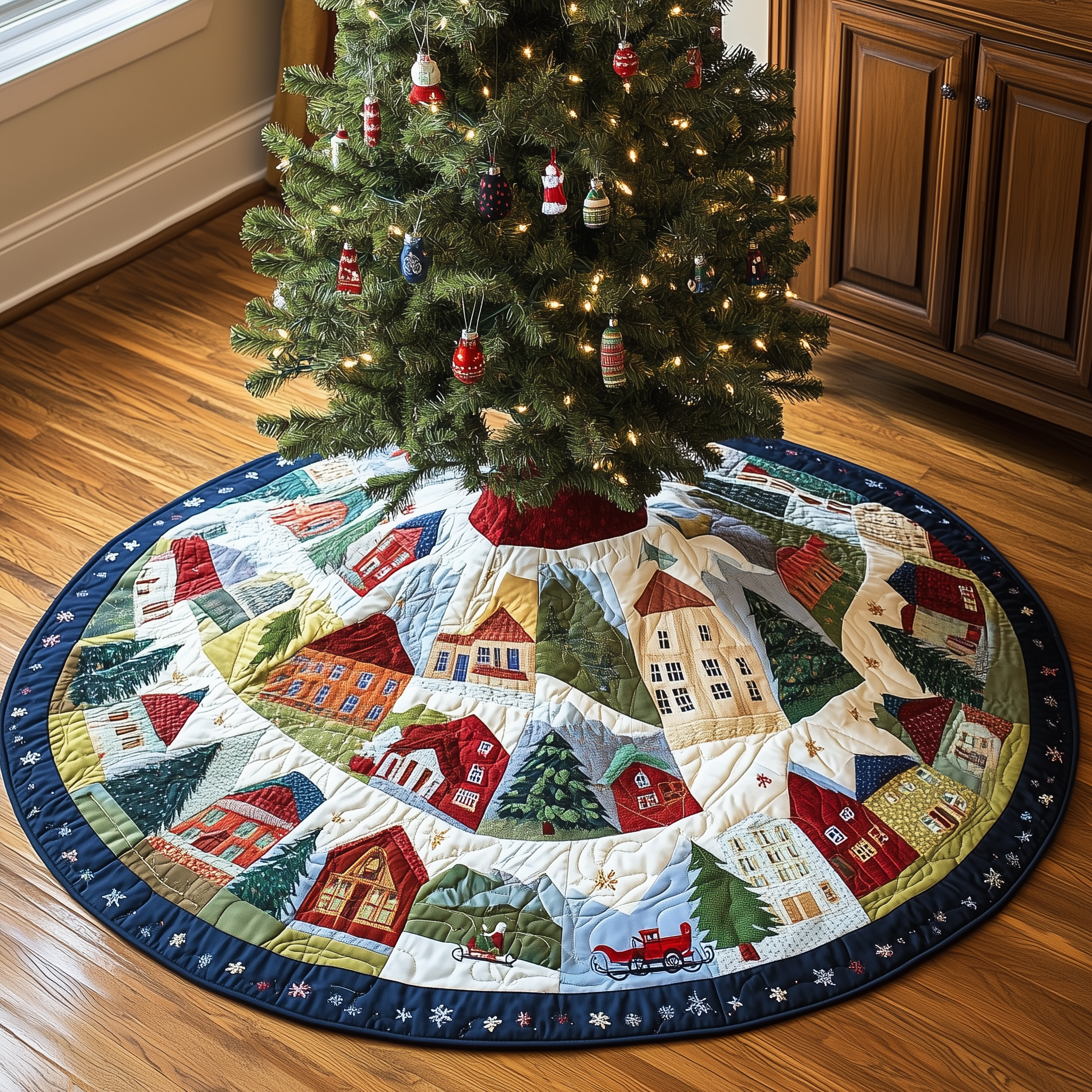 Snowy Village Quilted Tree Skirt Holiday Christmas Tree Surround Base Cover Decorations Best Presents