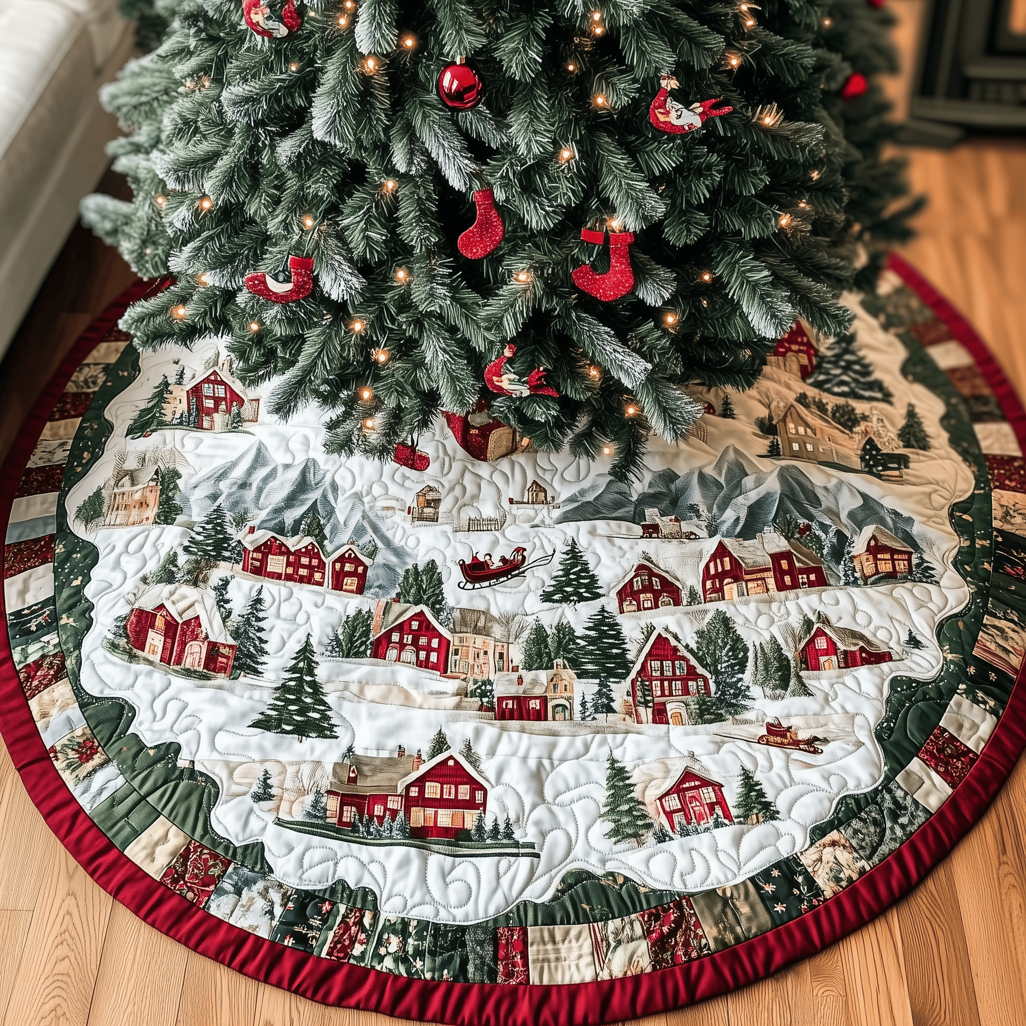Snowy Village Quilted Tree Skirt Holiday Christmas Tree Surround Base Cover Decorations Best Presents