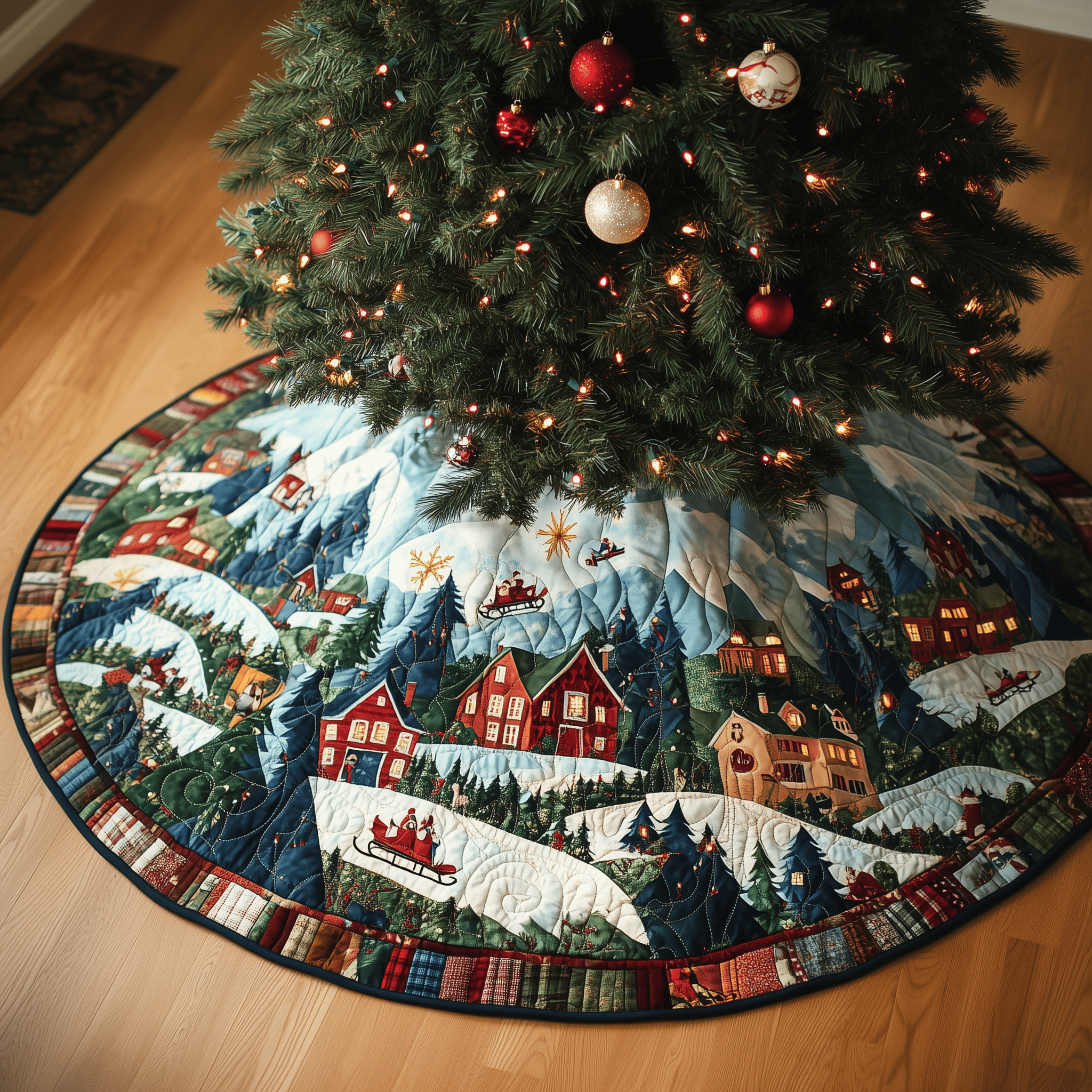 Snowy Village Quilted Tree Skirt Holiday Christmas Tree Surround Base Cover Decorations Best Presents