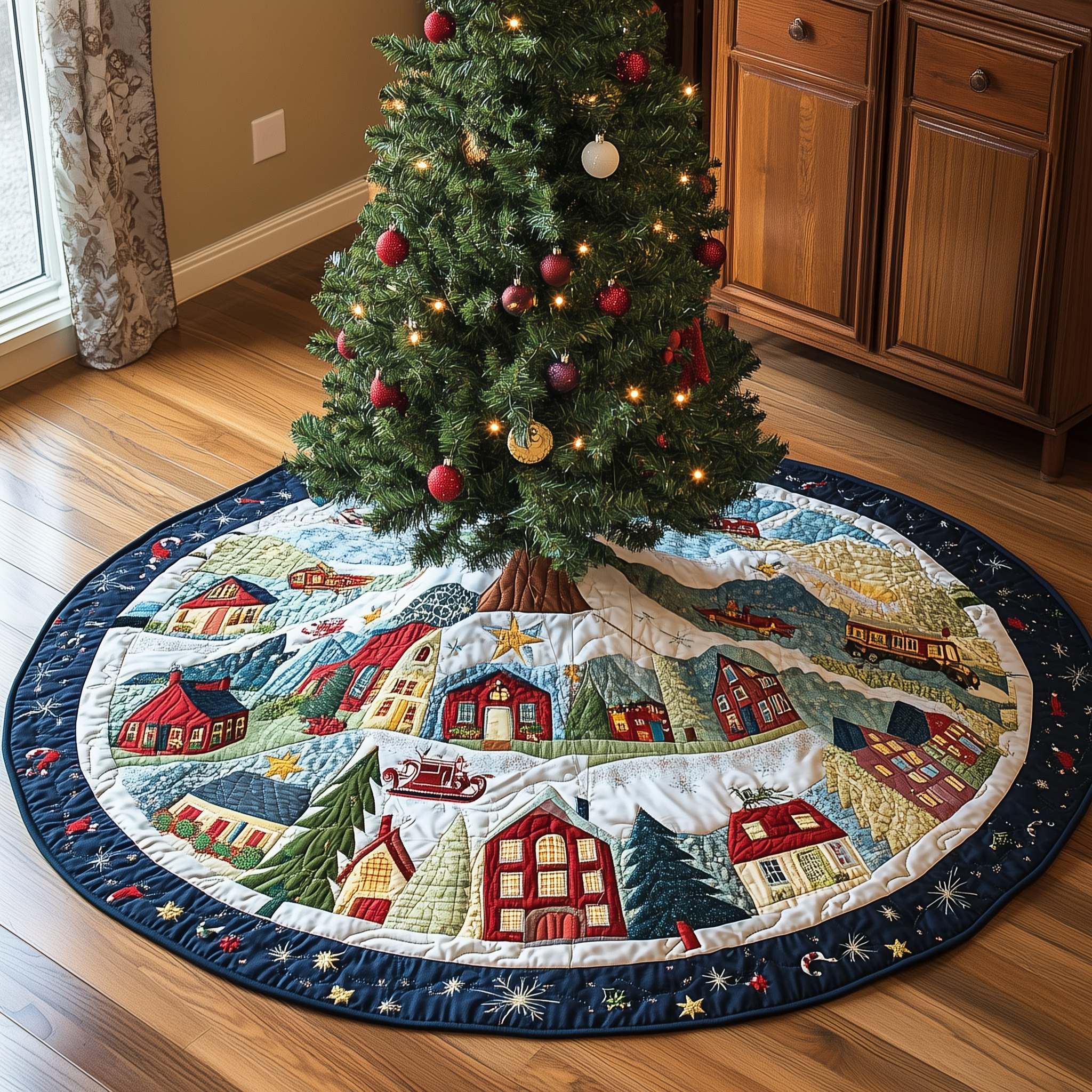 Snowy Village Quilted Tree Skirt Holiday Christmas Tree Surround Base Cover Decorations Best Presents