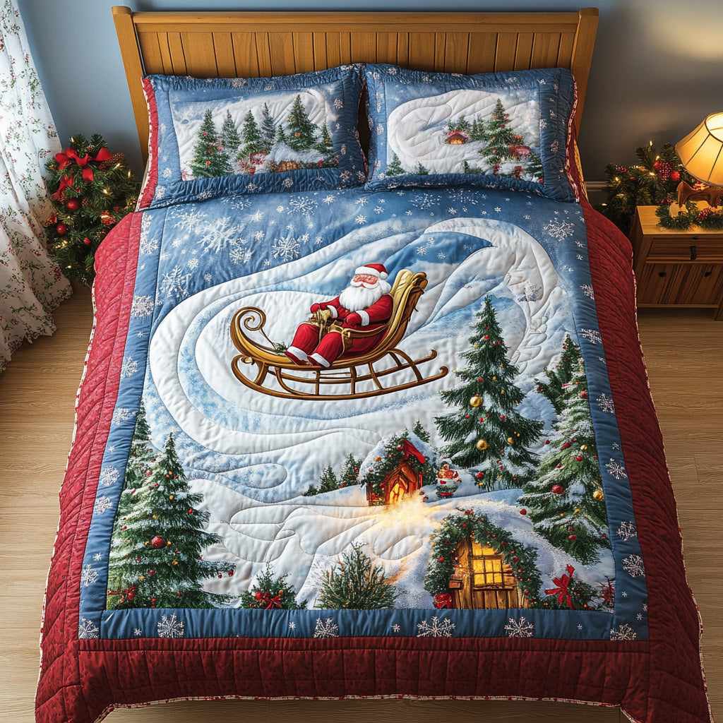 Snowy Village Ride Quilted Bedding Set Full Size Bed Set Holiday Inspired Gift For Family